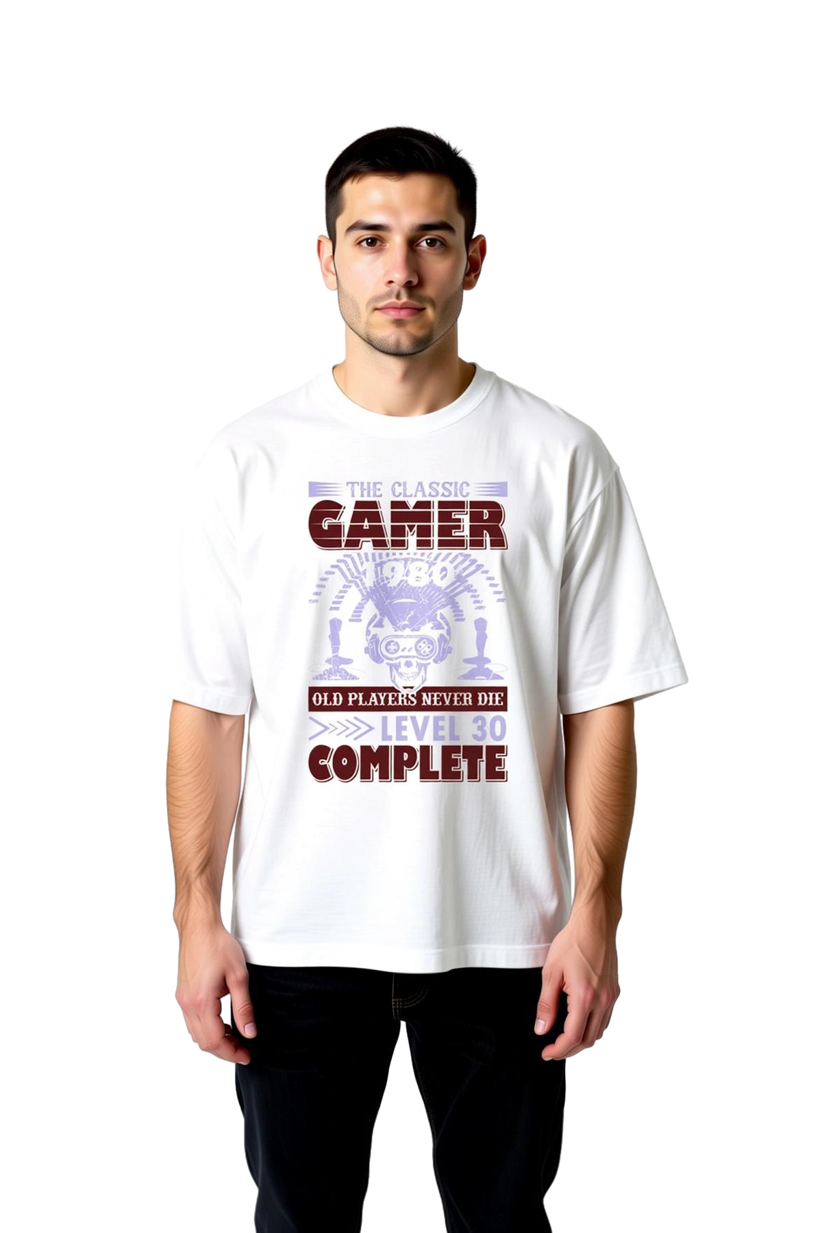 Erkek Oversize Tişört Retro Gamer Level Tamamlandı Baskılı Dijital Nostalji Günlük Rahat Modern