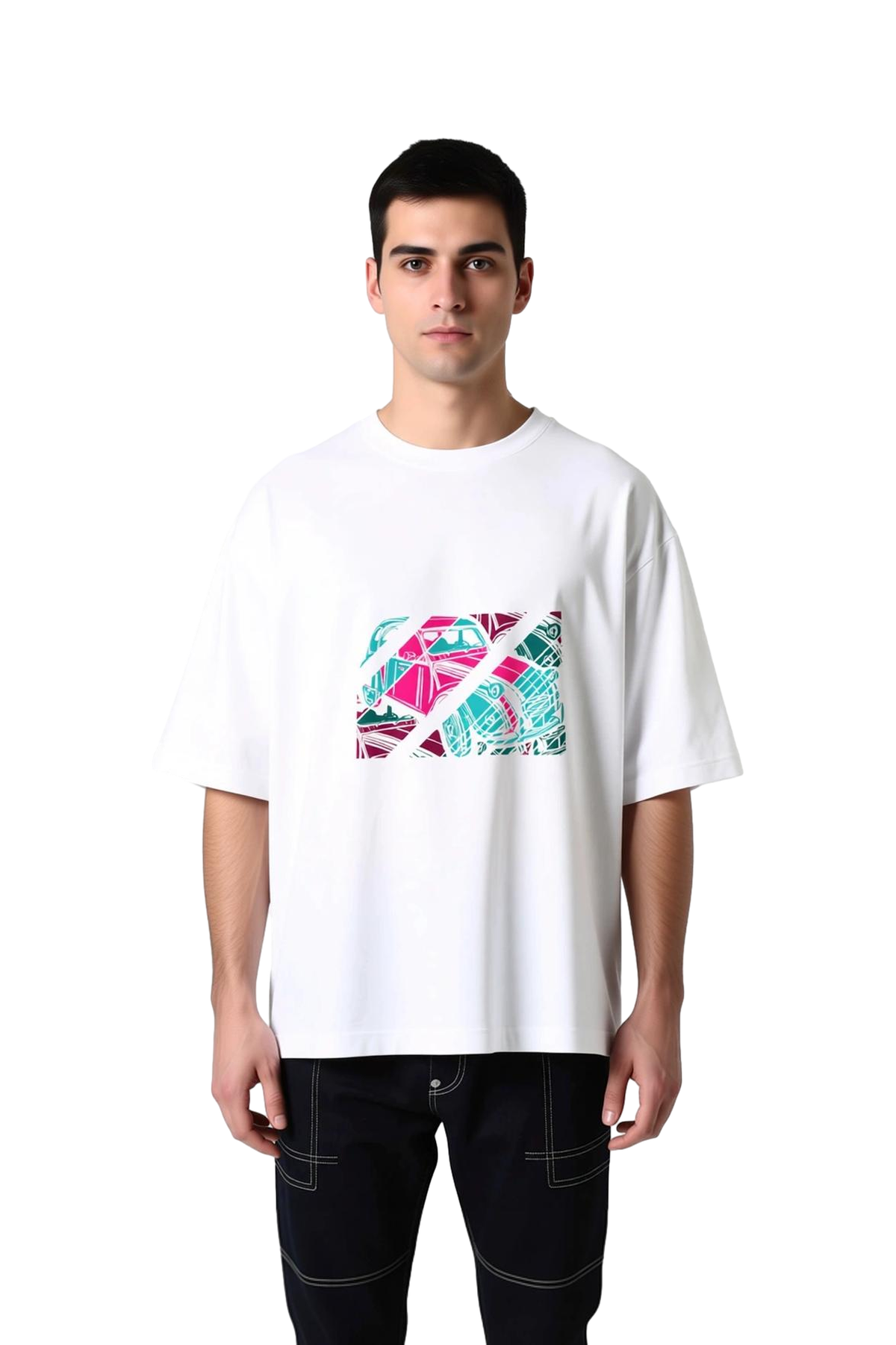 Erkek Oversize Tişört Retro Araç Sanat Baskısı Geometrik Desen Konforlu Günlük Kesim Rahat Modern