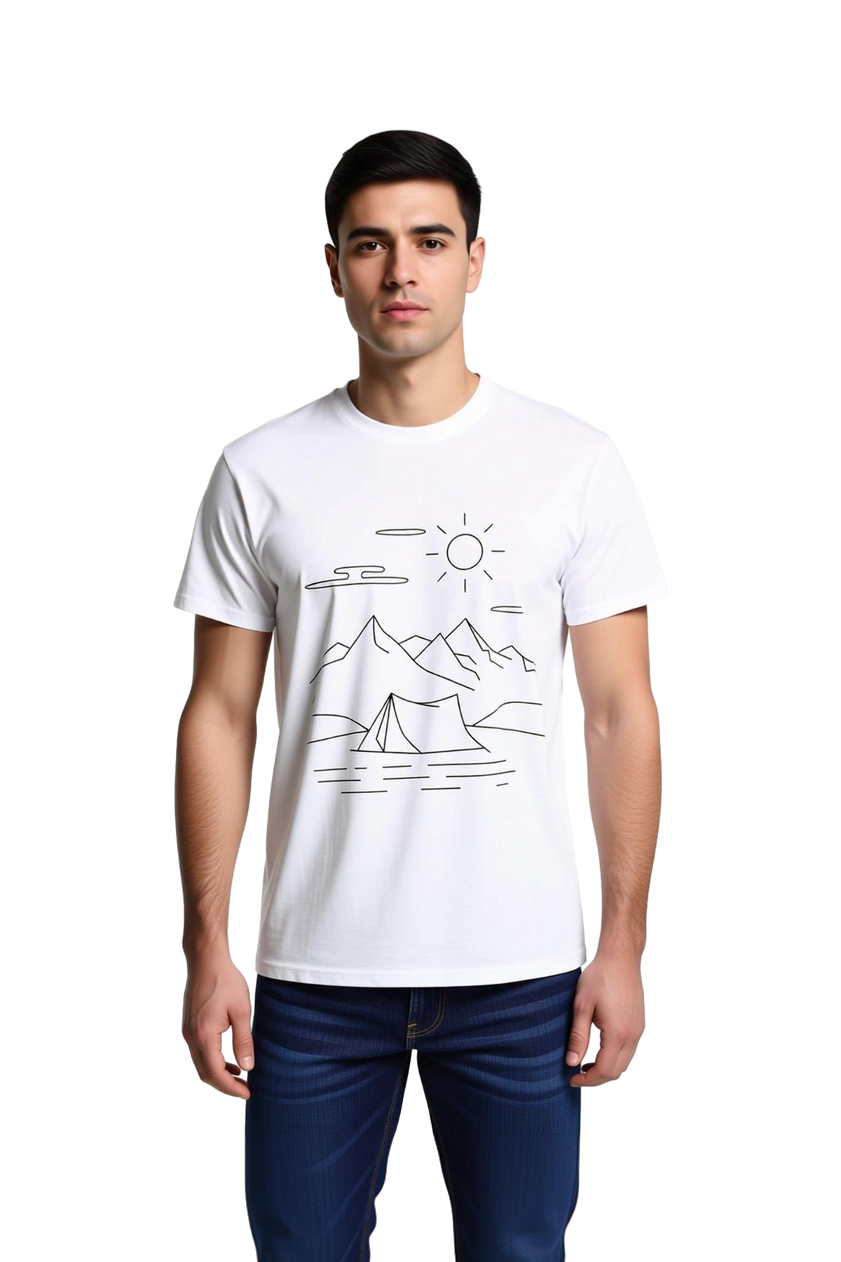 Erkek Tişört %100 Pamuk Kamp Çadır Dağ Güneş Line Art Baskı Rahat Kesim Doğa Teması Günlük Modern