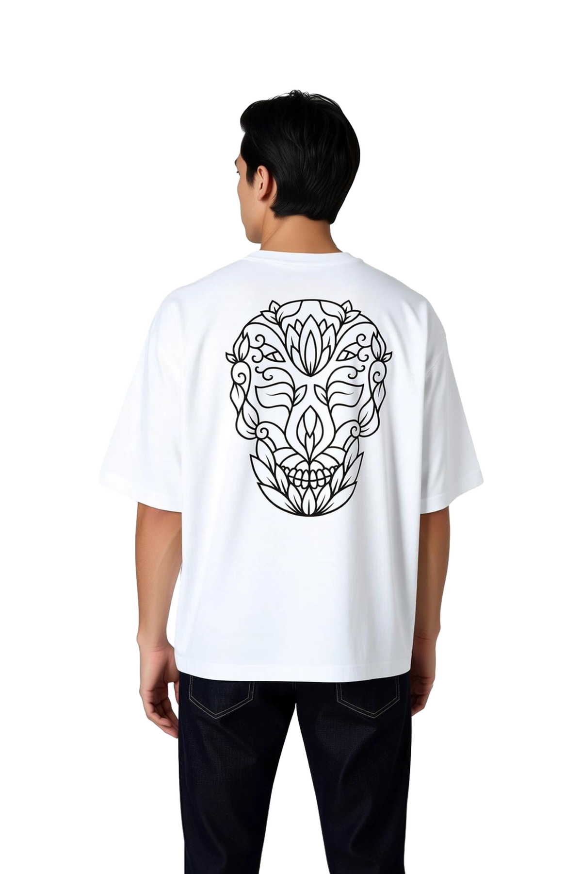 Erkek Oversize Tişört Mandala Kafatası Tribal Çiçek Motifi Baskılı Sanat Desenli Günlük Rahat Modern