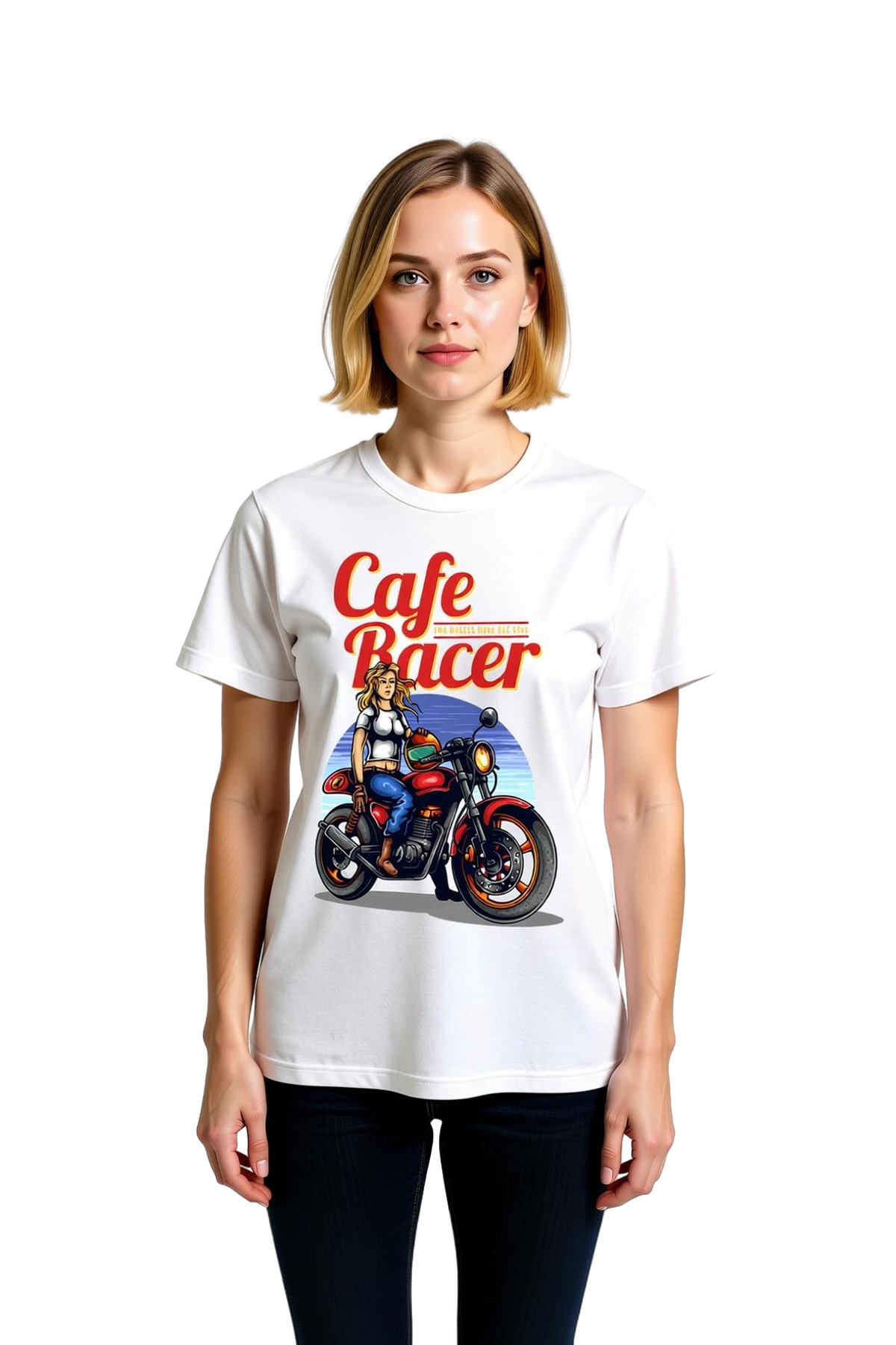 Kadın Retro Cafe Racer Motosiklet Baskılı Kısa Kollu Yuvarlak Yaka Pamuk Tişört Konforlu Günlük