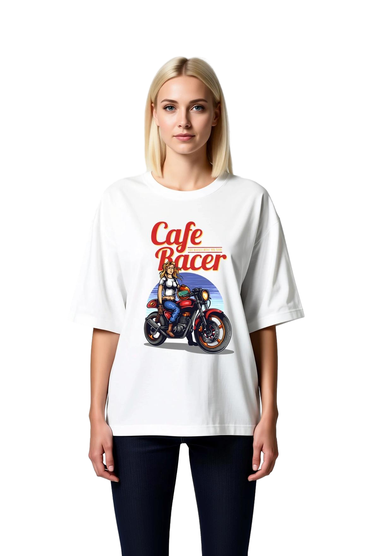 Kafe Racer Motosiklet Tutkusu Baskılı Kadın Oversize Tişört