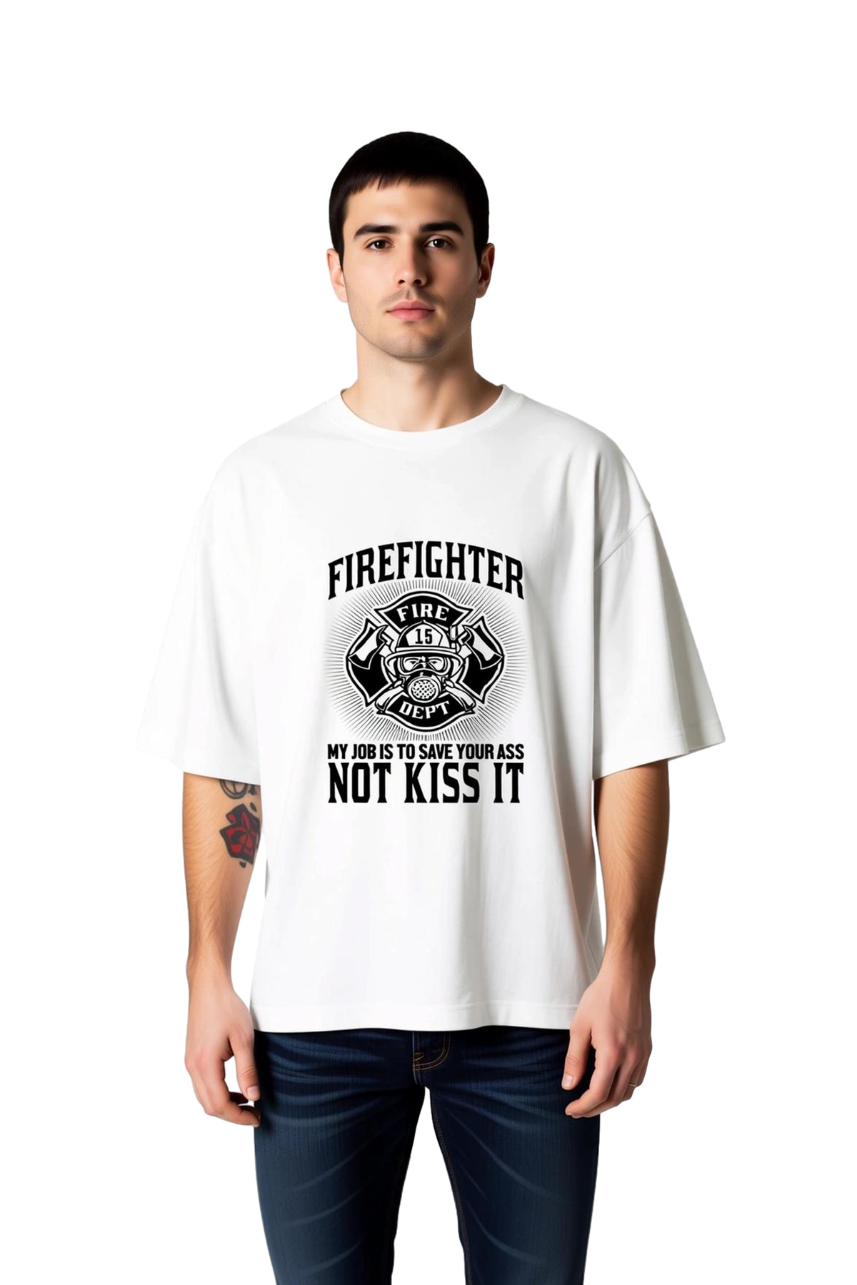 Erkek Oversize İtfaiyeci Baskılı Tişört Retro Stil Meslek Temalı Günlük Rahat Kesim Modern Şık Zarif