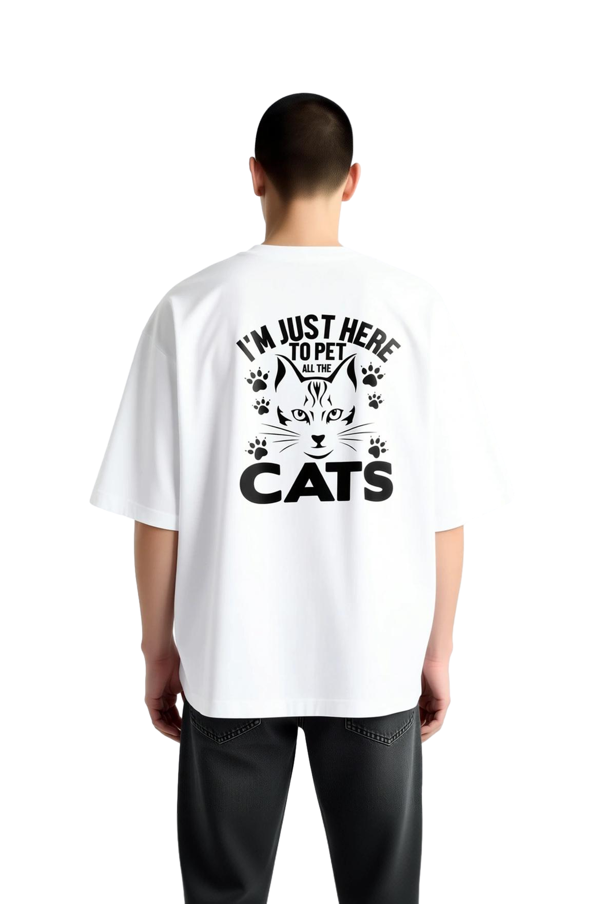 Erkek Oversize Kedi Baskılı Tişört %100 Pamuk Rahat Kesim Kısa Kol Crew Yaka Komik Yazı Tasarım