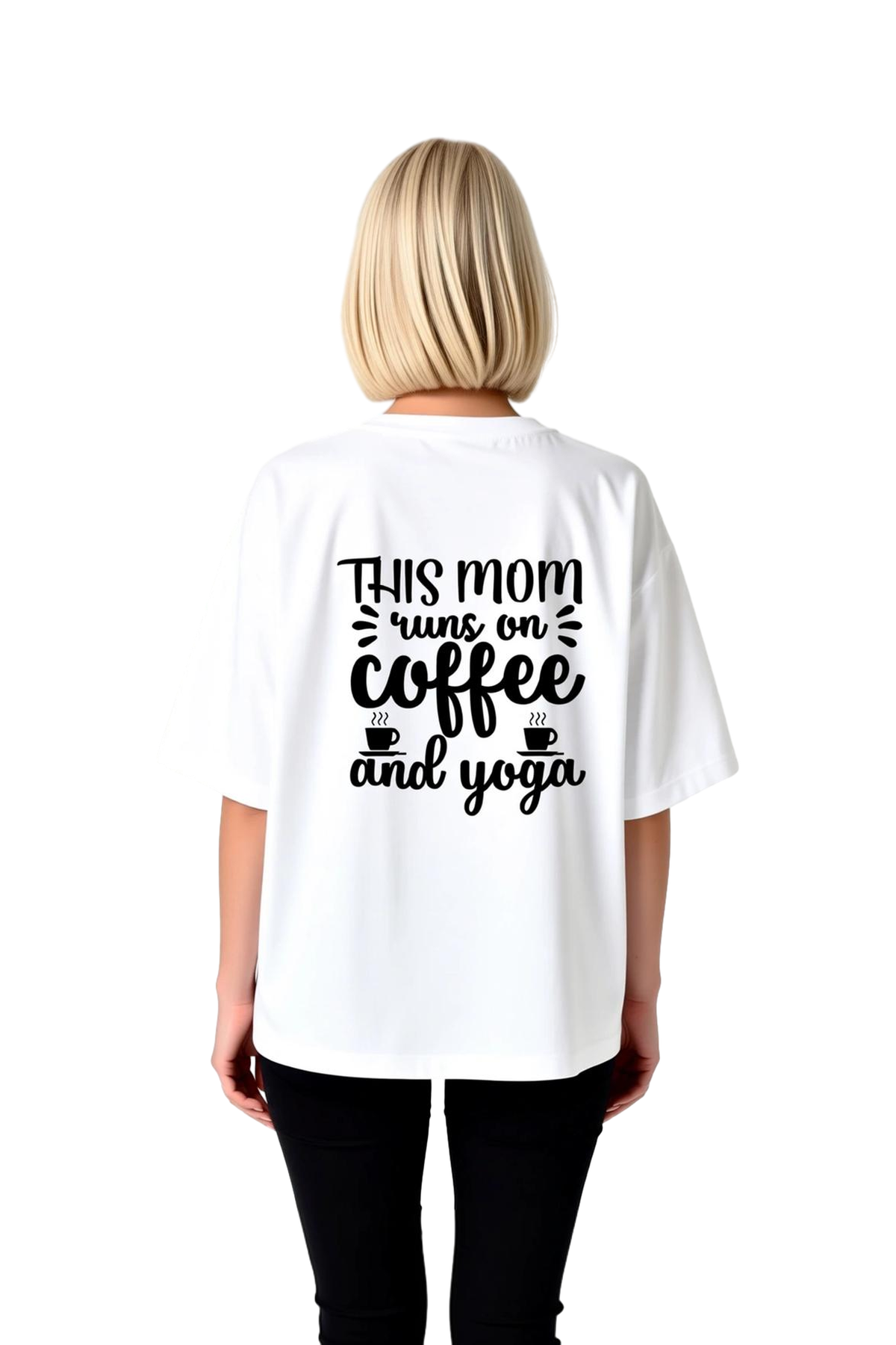 Kahve ve Yoga ile Yaşayan Anne Baskılı Kadın Oversize Tişört