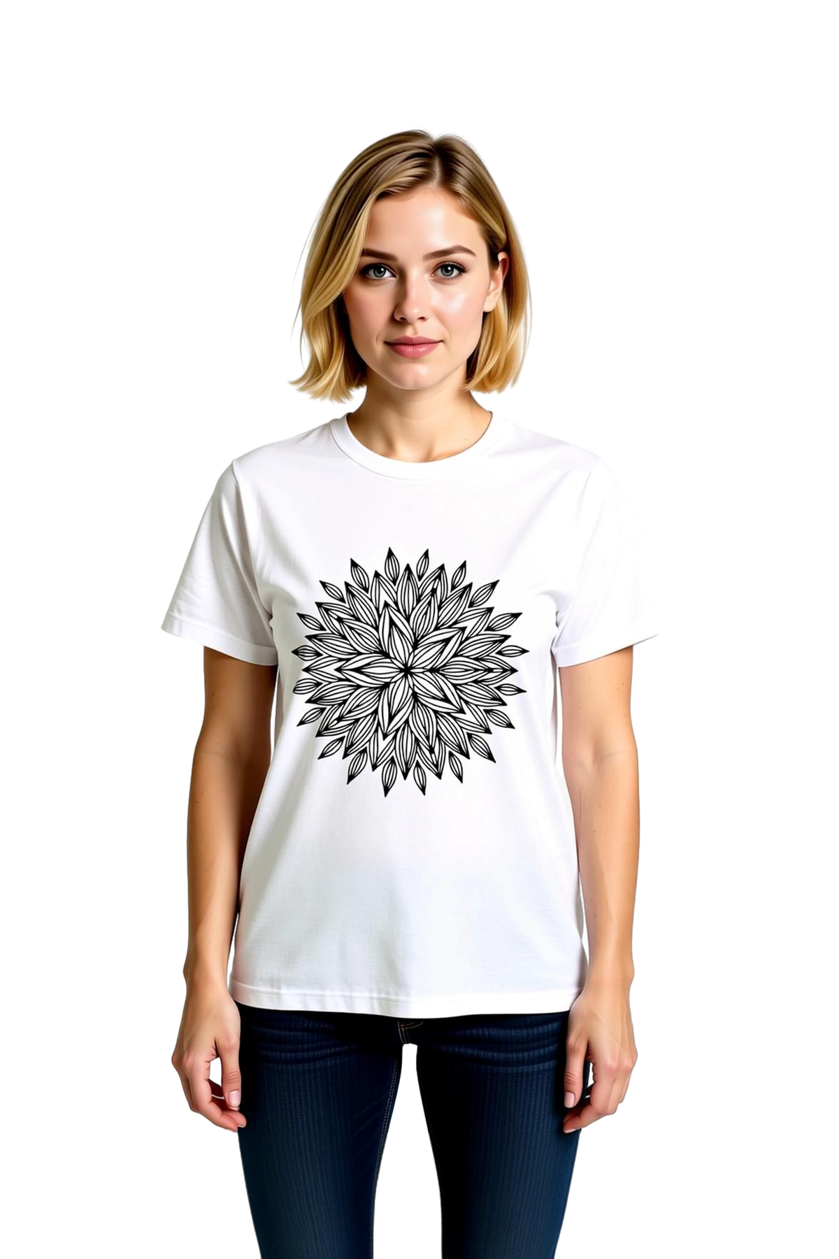 Kadın Geometrik Mandala Desen Baskılı Kısa Kollu Tişört %100 Pamuk Rahat Kesim Günlük Modern Şık