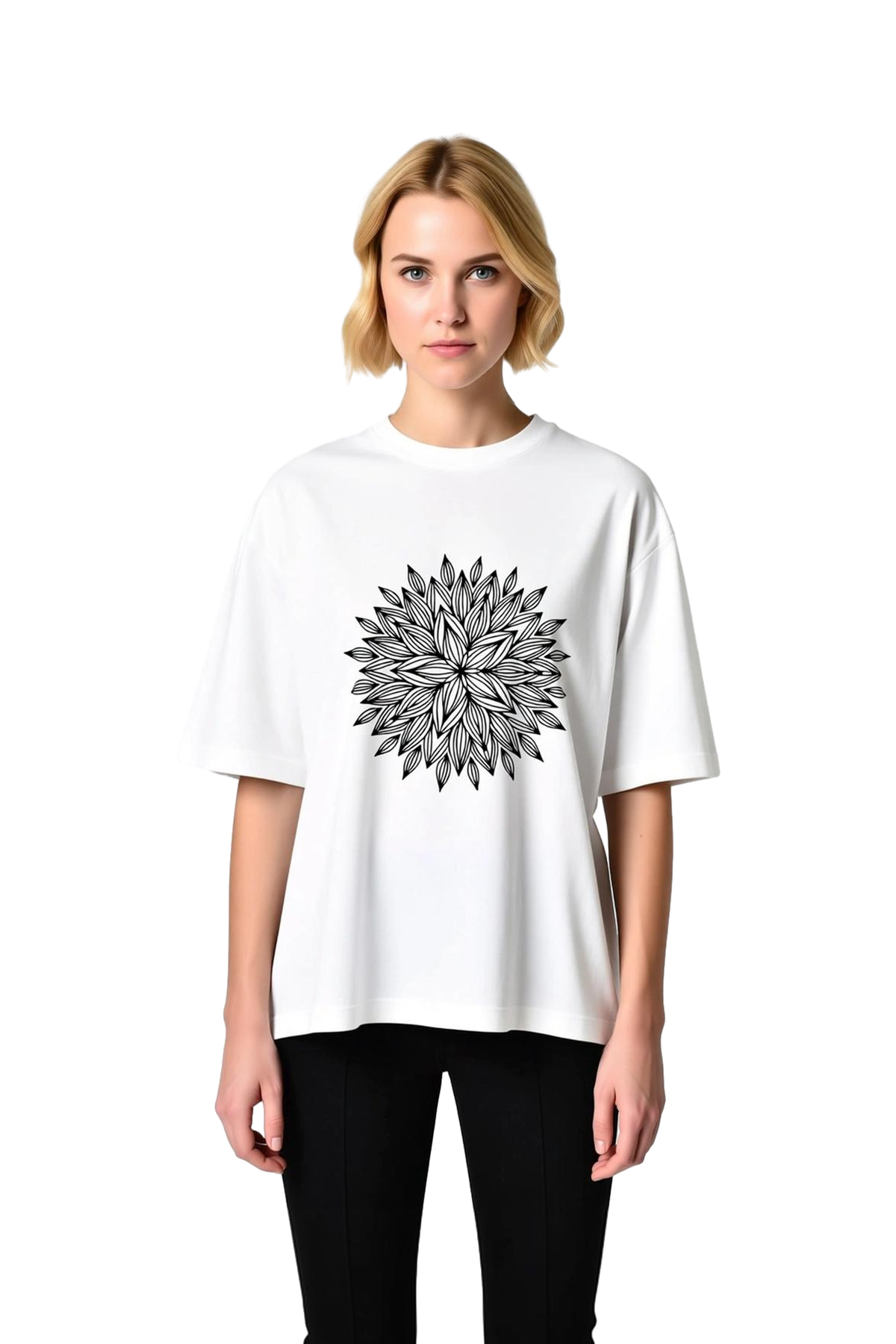 Kadın Oversize Tişört Mandala Çiçek Deseni Baskılı Rahat Kesim Günlük Giyim Modern Şık Konforlu
