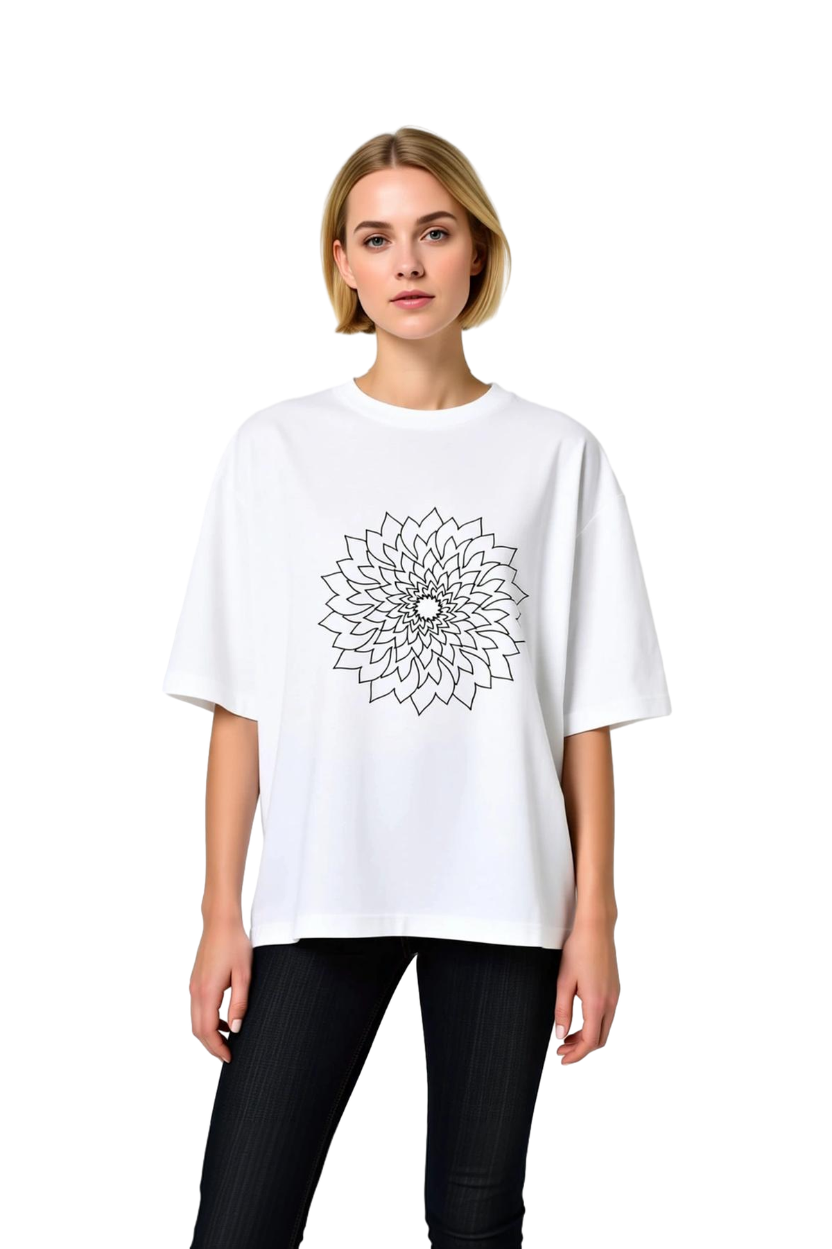 Kadın Oversize Tişört Mandala Çiçek Desenli Simetrik Petal Baskı Rahat Kesim Günlük Modern Şık Zarif