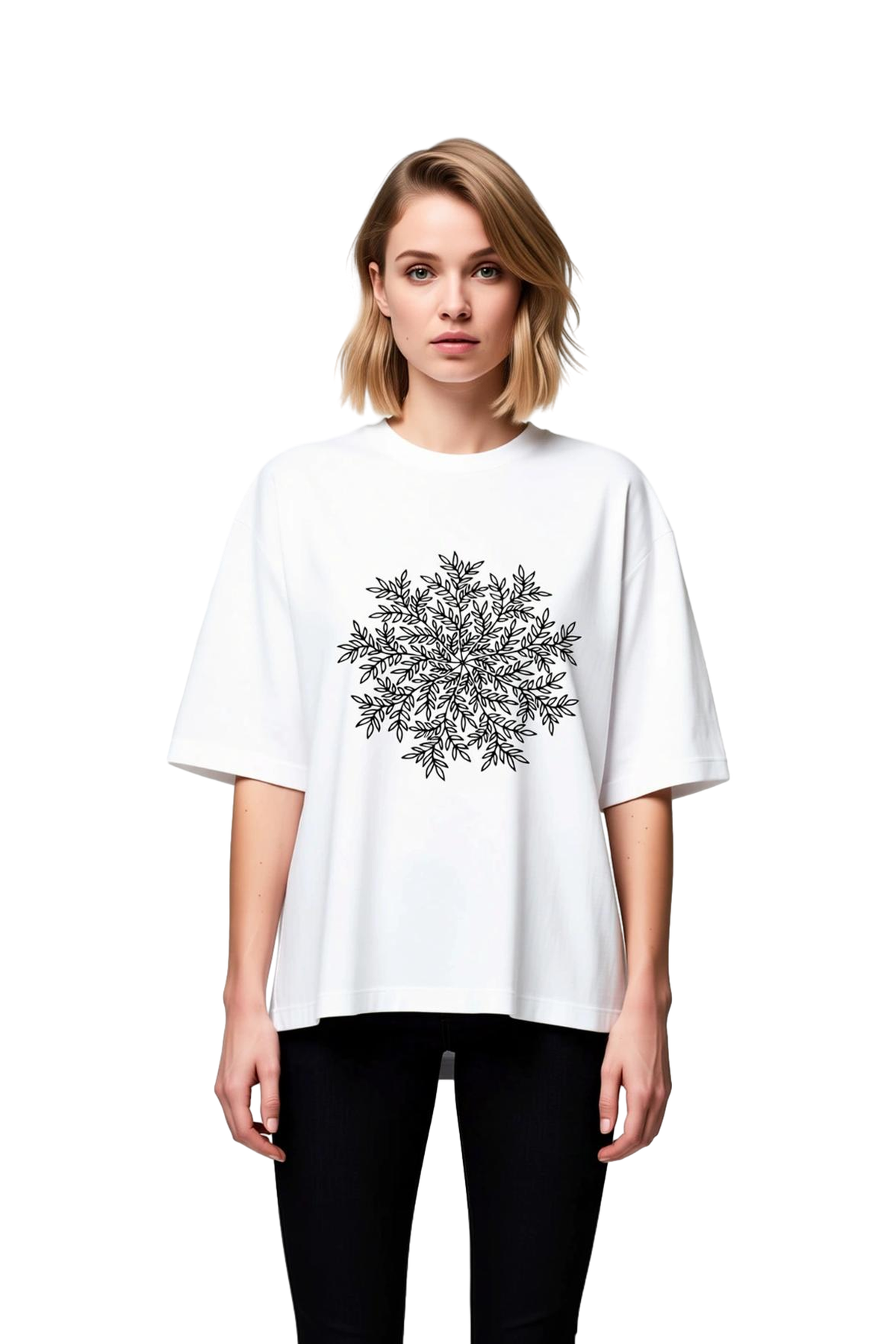 Kadın Oversize Tişört Geometrik Yaprak Motifi Çizgi Sanatı Baskı Rahat Kesim Günlük Giyim Modern
