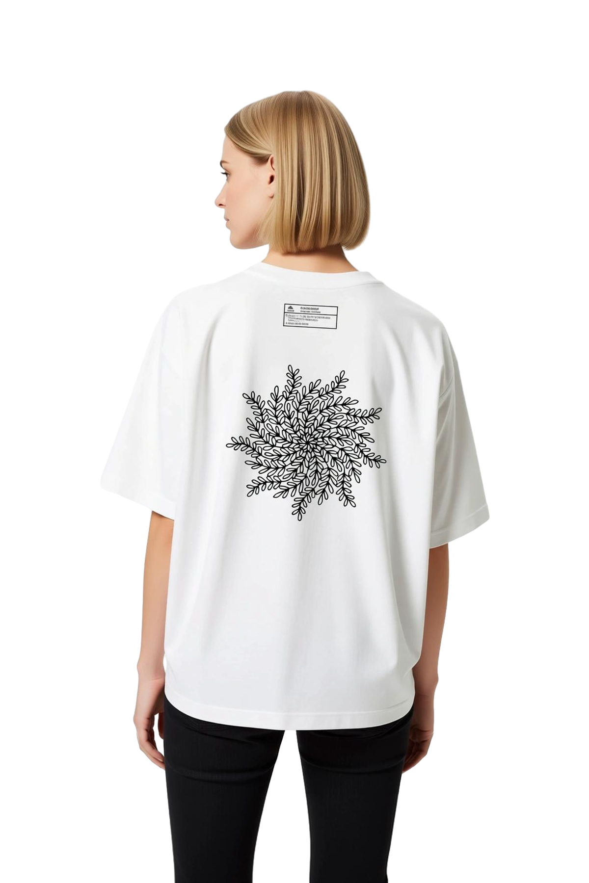 Kadın Oversize Sanat Baskılı Tişört Yaprak Motifli Kar Tanesi Desenli Çizgi İllüstrasyonlu Rahat