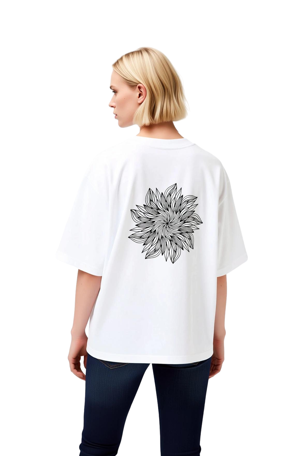 Kadın Oversize Tişört Çizgi Sanat Stilize Çiçek Motifi Petal Detaylı Baskılı Rahat Kesim Günlük