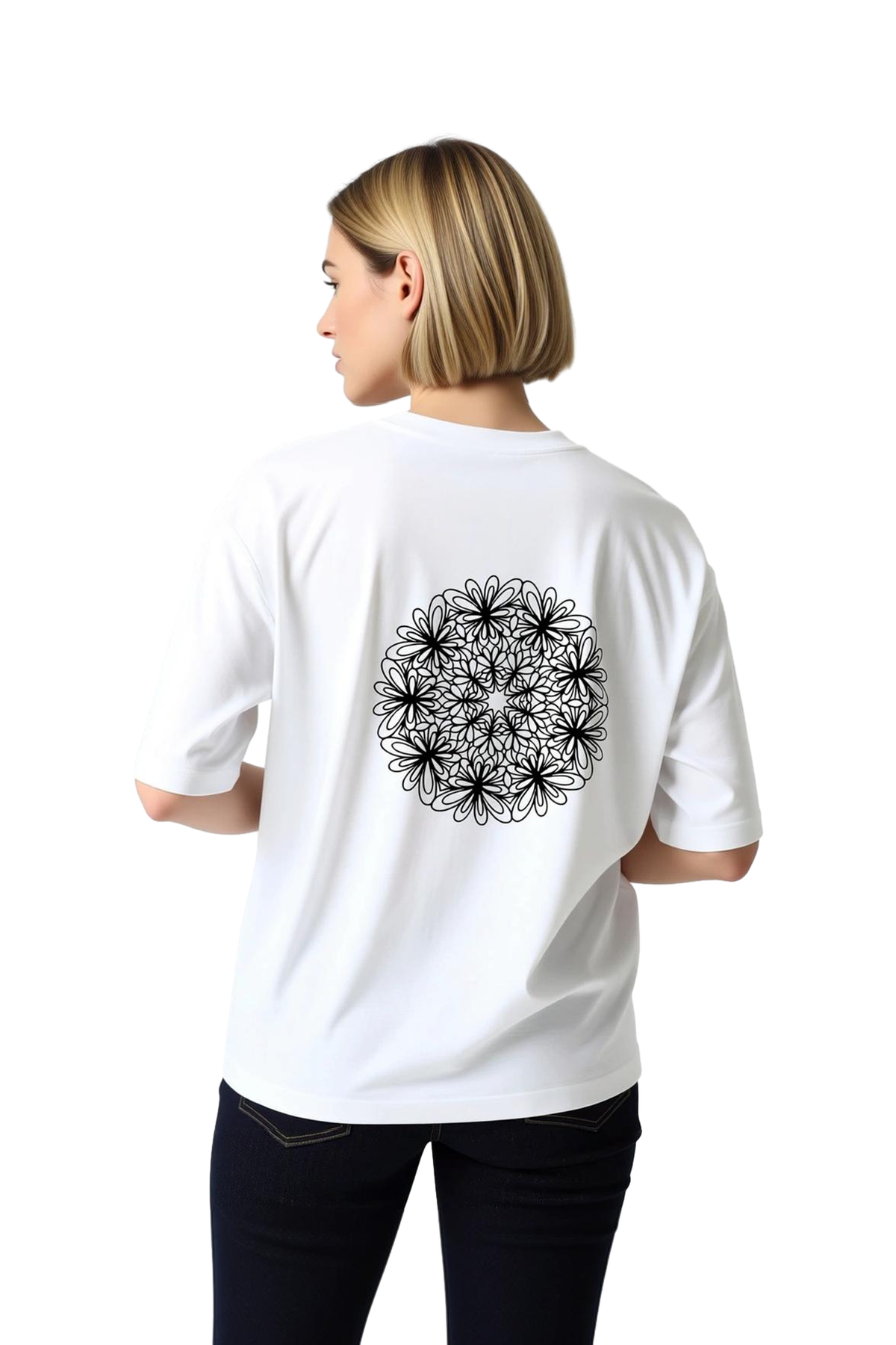 Kadın Oversize Mandala Çiçek Desen Baskılı Kısa Kollu Rahat Kesim Tişört %100 Pamuk Günlük Modern