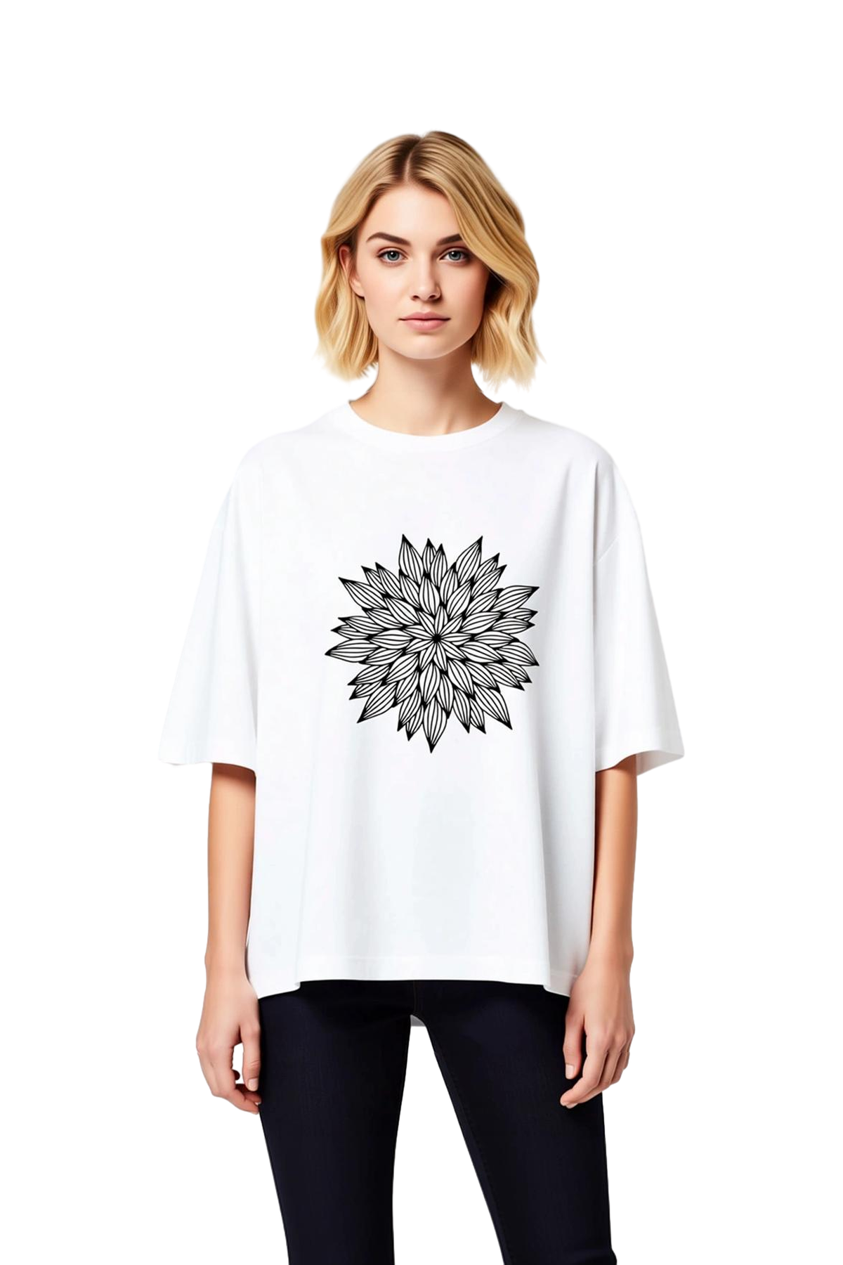 Stilize Çiçek Detaylı Petal Sanat Baskılı Kadın Oversize Tişört