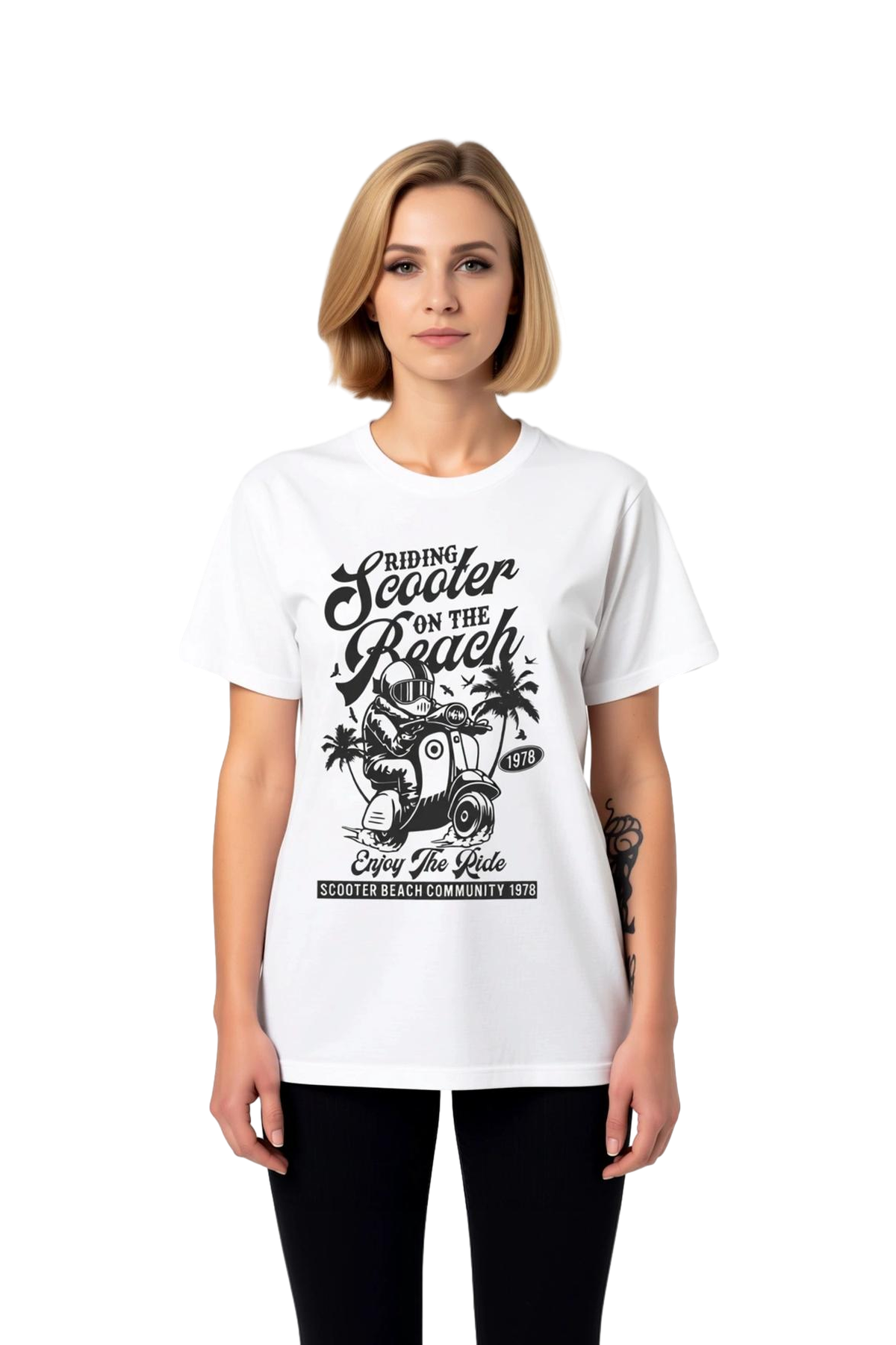 Kadın Retro Scooter Sahil Baskılı Kısa Kollu Yuvarlak Yaka Tişört Vintage Tasarım Günlük Rahat Şık
