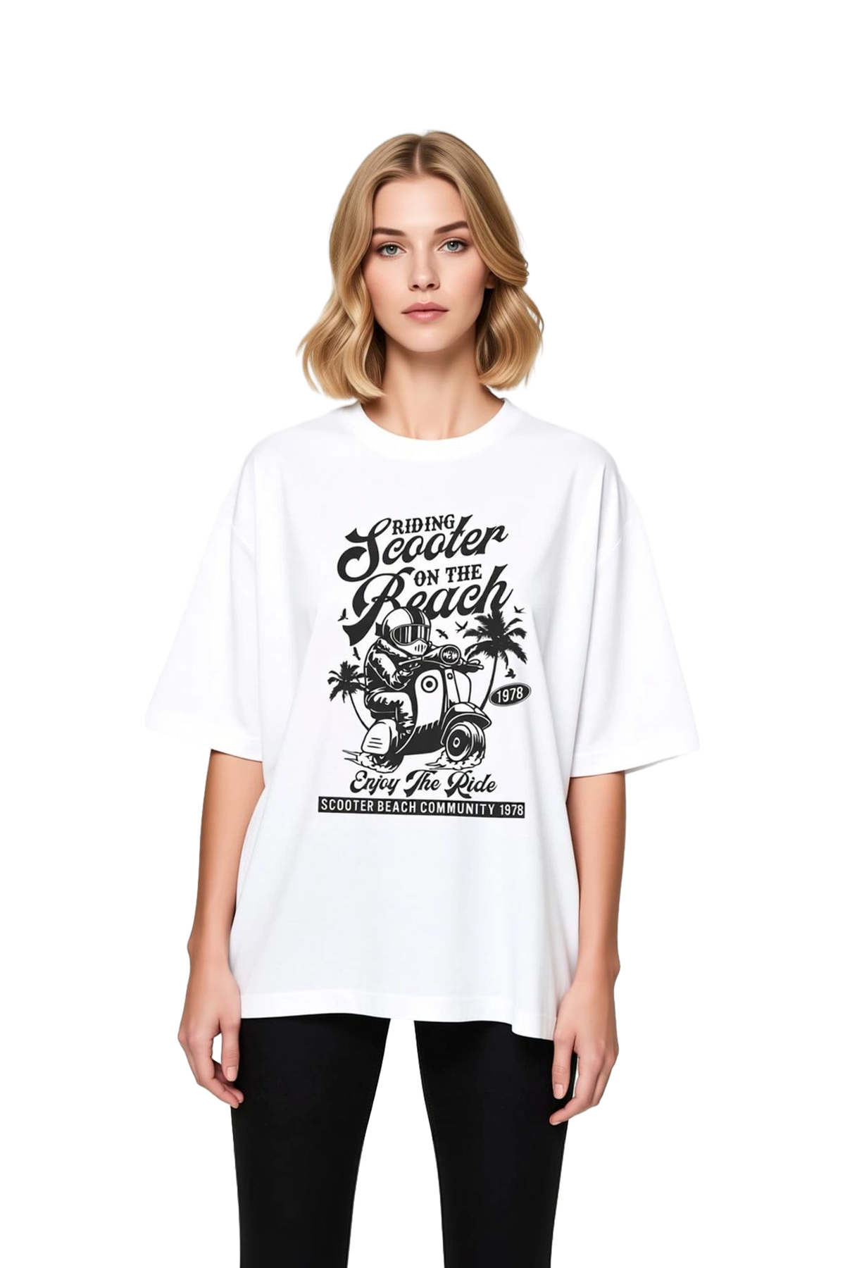 Kadın Oversize Tişört Scooter Sahil Baskılı Retro Stil Yazılı Desen Rahat Kesim Günlük Modern Şık
