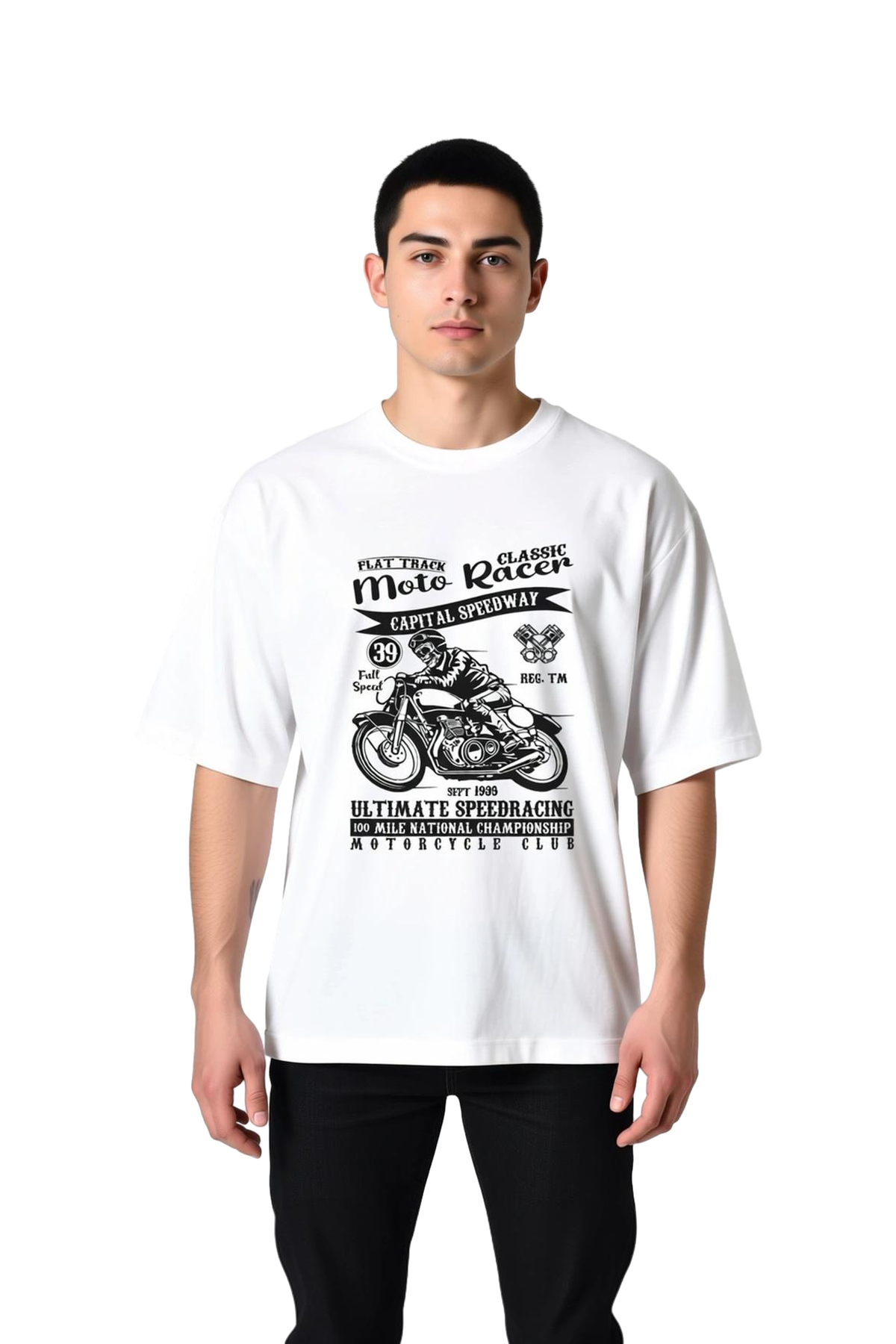 Flat Track Moto Yarış Klasik Baskılı Erkek Oversize Tişört