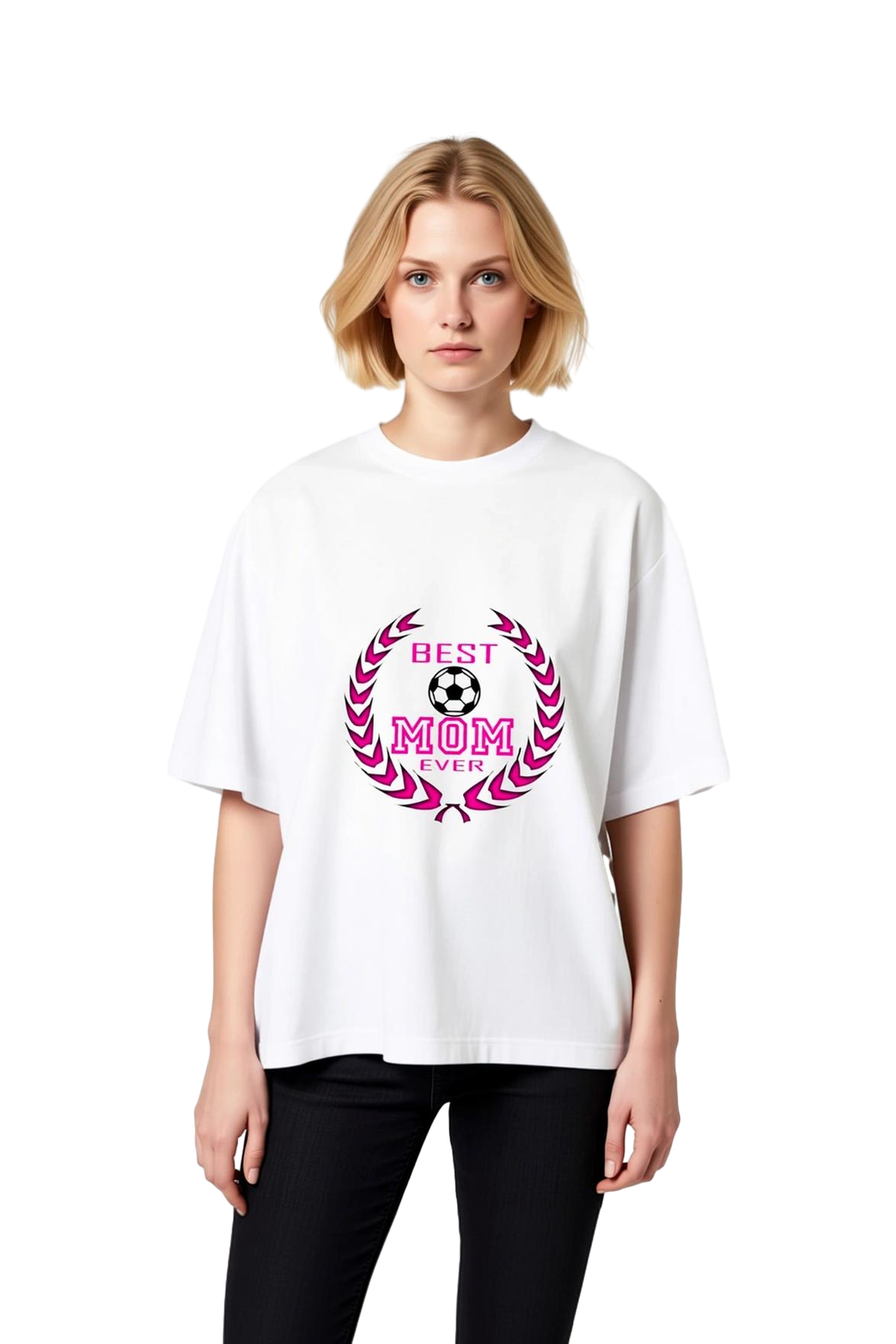 Kadın Oversize Futbol Temalı Baskılı Tişört Anne Çelenk Motifli Rahat Kesim Kısa Kol Yuvarlak Yaka