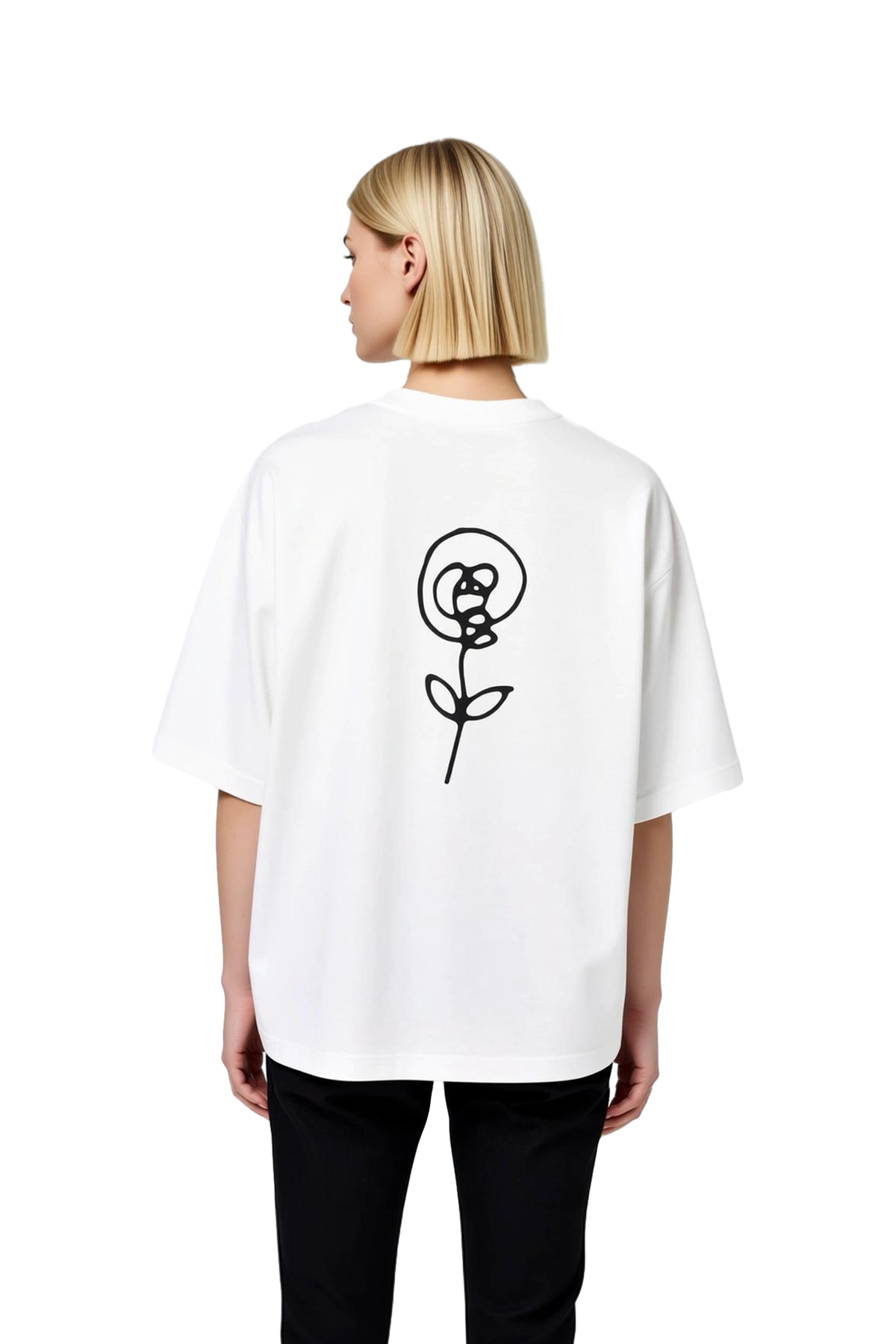 Kadın Oversize Tişört Minimalist Soyut Çiçek Kalp Yapraklı Baskılı Rahat Kesim Günlük Modern Şık