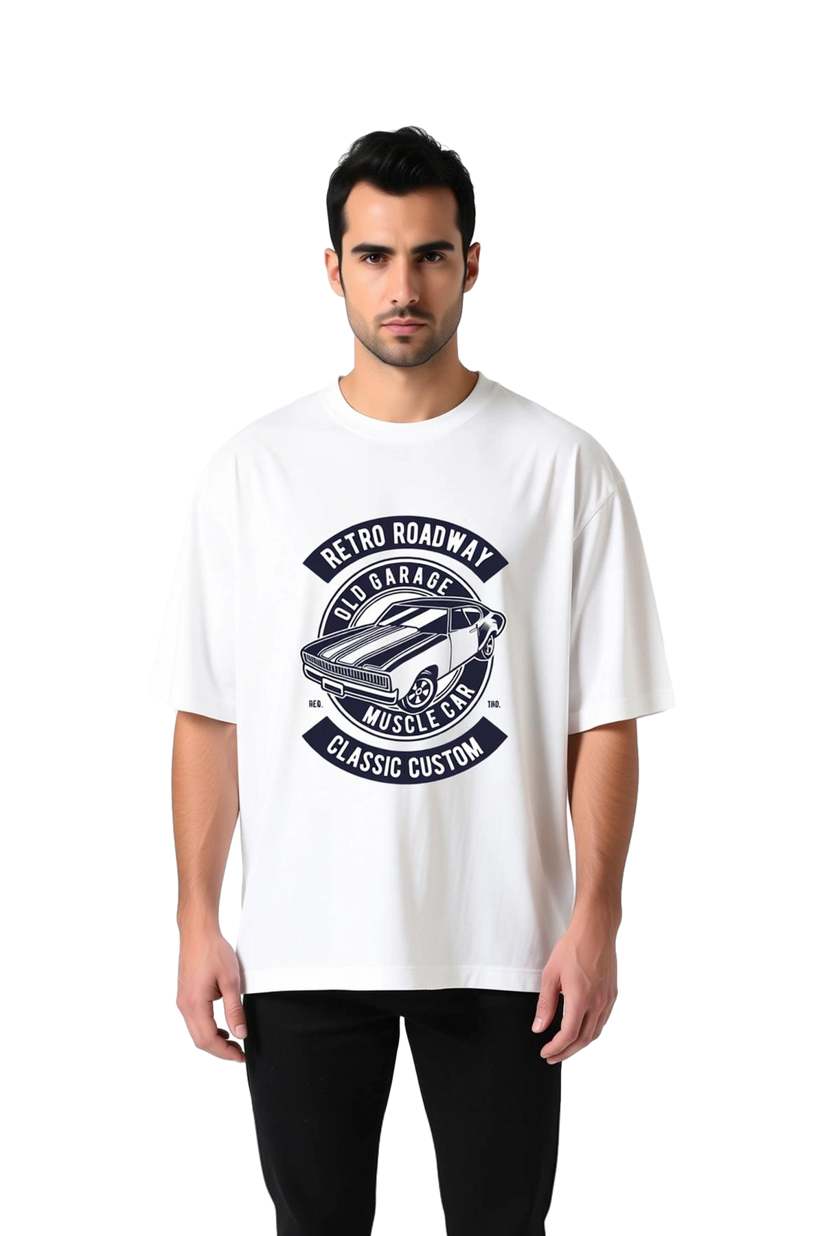 Erkek Oversize Tişört Retro Muscle Araba Baskılı Garage Klasik Vintage Stil Rahat Kesim Günlük Şık