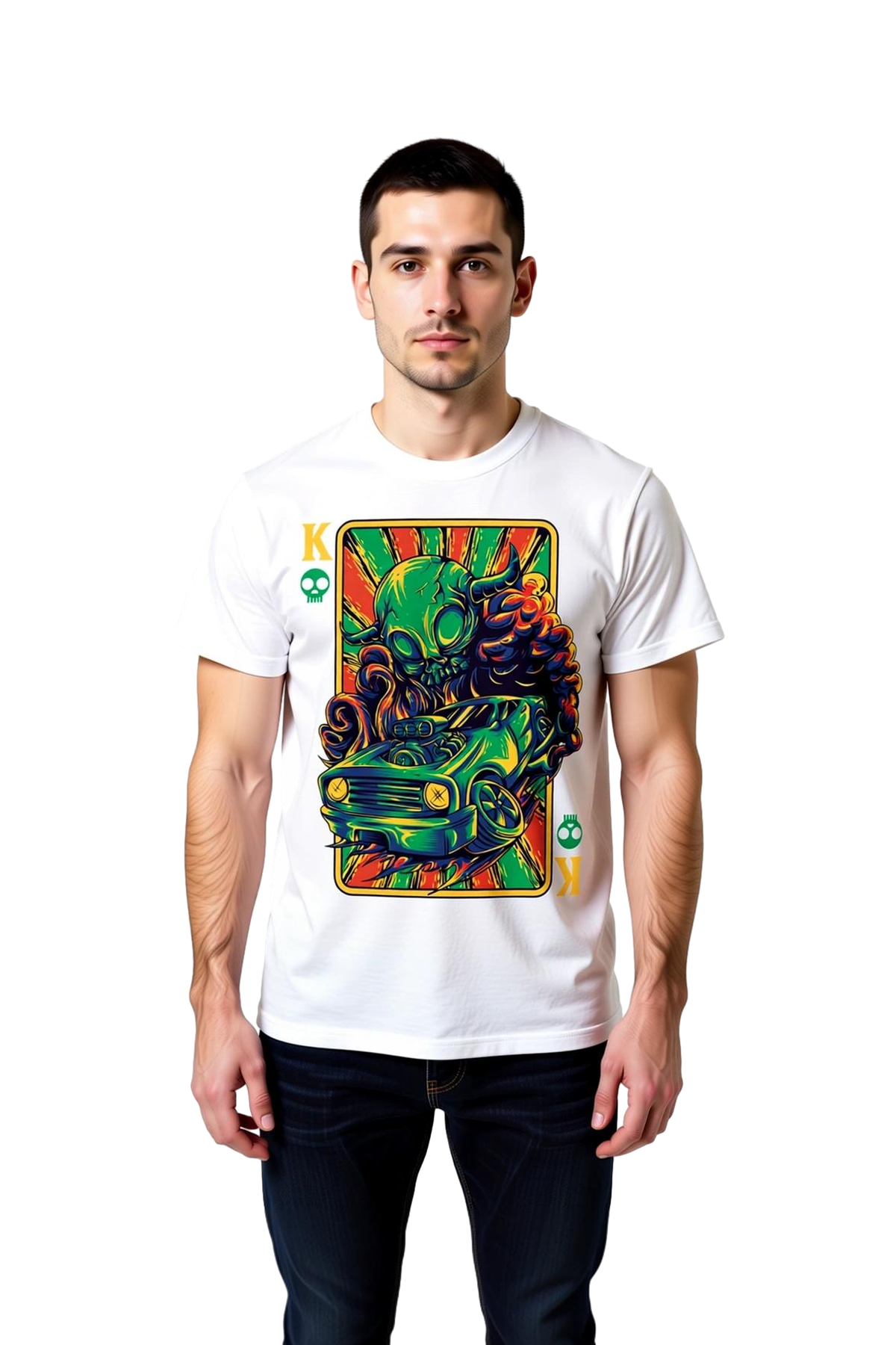 Erkek Retro Oyun Kartı Tasarımlı Baskılı Tişört Boynuzlu Şeytan Kafası Motosiklet Temalı Günlük