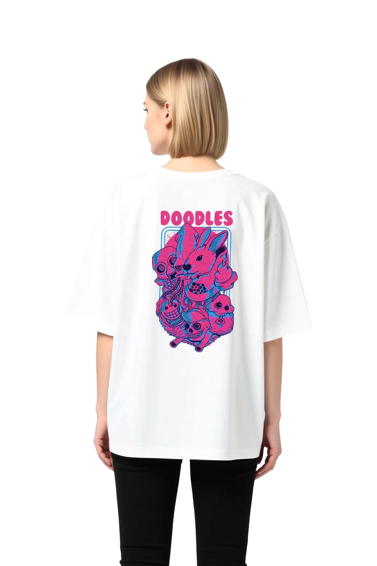 Kadın Oversize Tişört Renkli Doodles Karakterleri Baskılı Yaratıcı Tasarım Rahat Kesim Günlük Modern