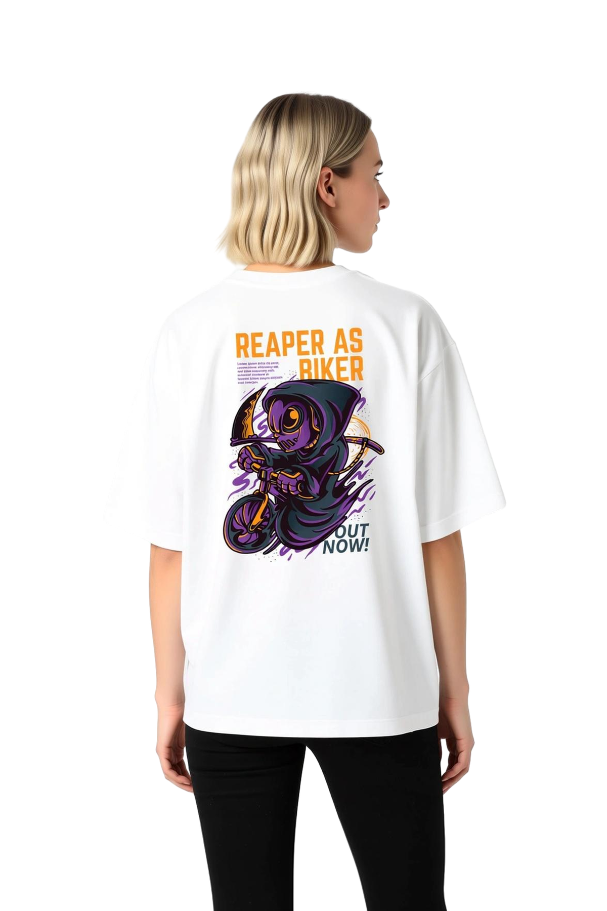 Kadın Oversize Tişört Motosiklet Reaper Baskılı Kısa Kol Yuvarlak Yaka Grafik Desen Rahat Kesim