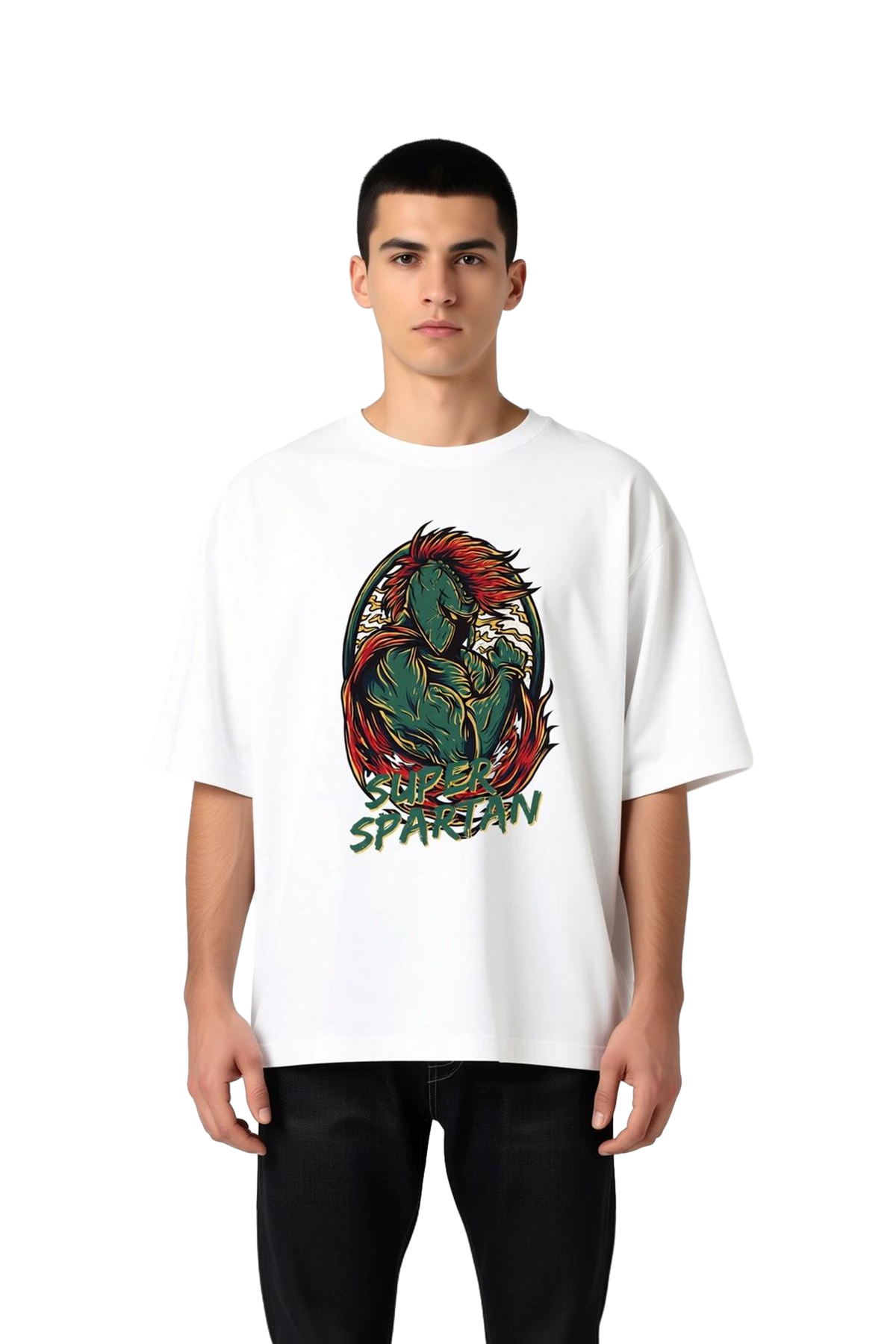 Erkek Oversize Tişört Antik Spartan Dövüşçü Temalı Baskılı Günlük Rahat Kesim Modern Şık Konforlu