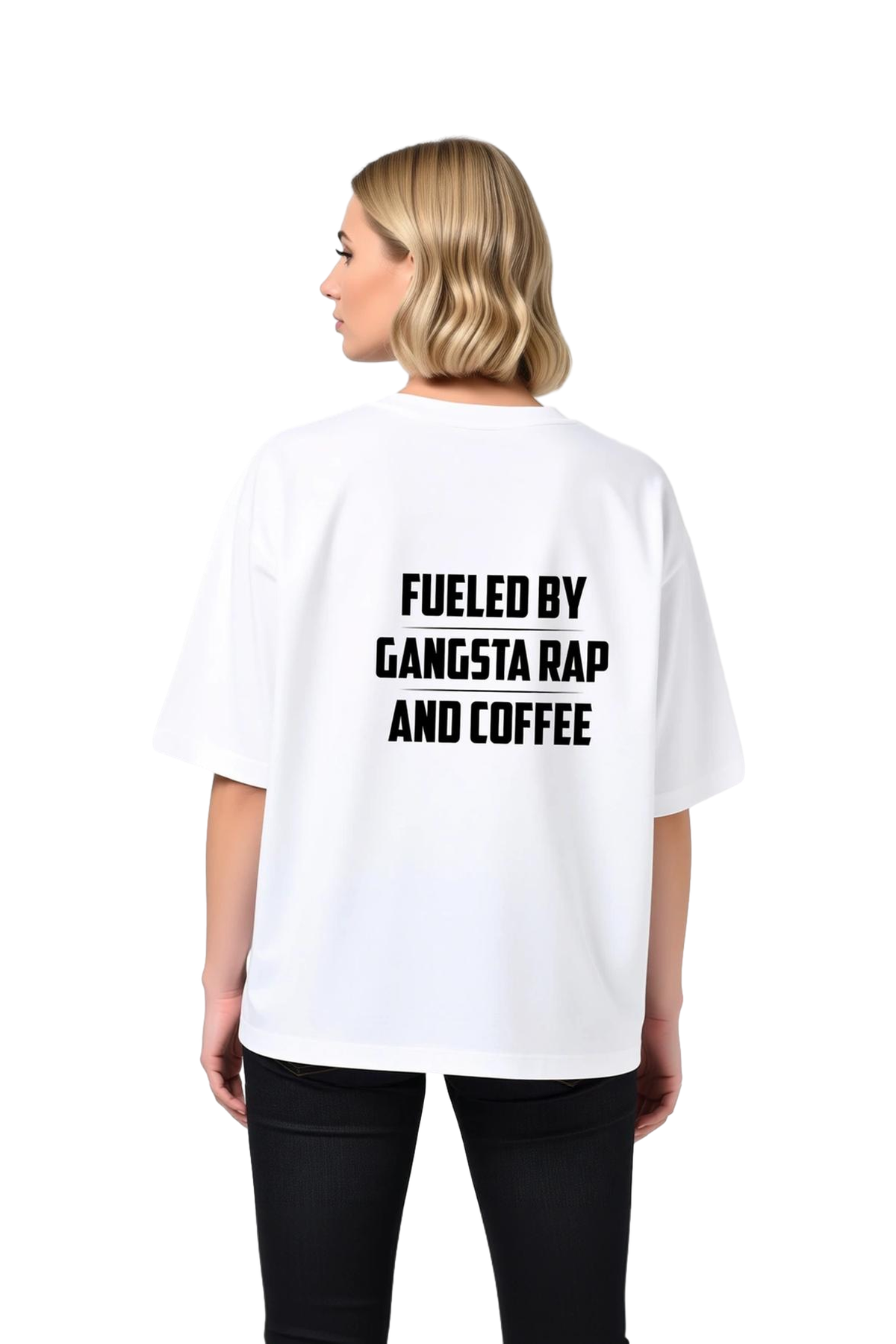 Kadın Oversize Tişört Gangsta Rap ve Kahve Baskılı Rahat Kesim Kısa Kol Yuvarlak Yaka Günlük Modern