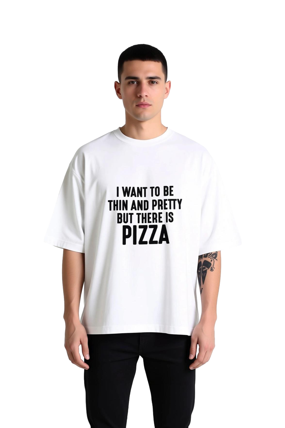 Erkek Oversize Tişört Pizza Baskılı Komik Slogan Baskı Kısa Kol Yuvarlak Yaka Rahat Kesim Günlük