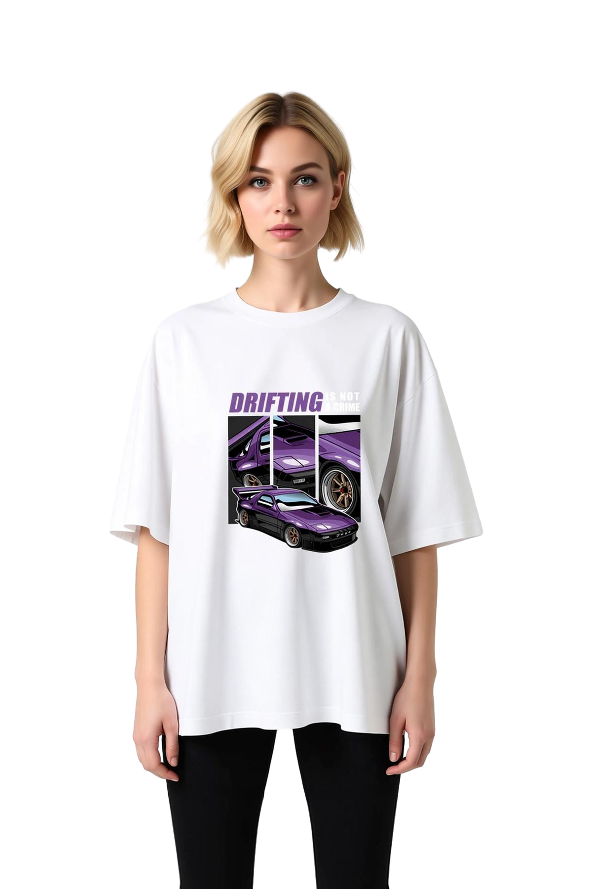 Kadın Oversize Baskılı Tişört Drift Otomotiv Temalı Retro Araç Grafik Tasarım Rahat Kesim Günlük