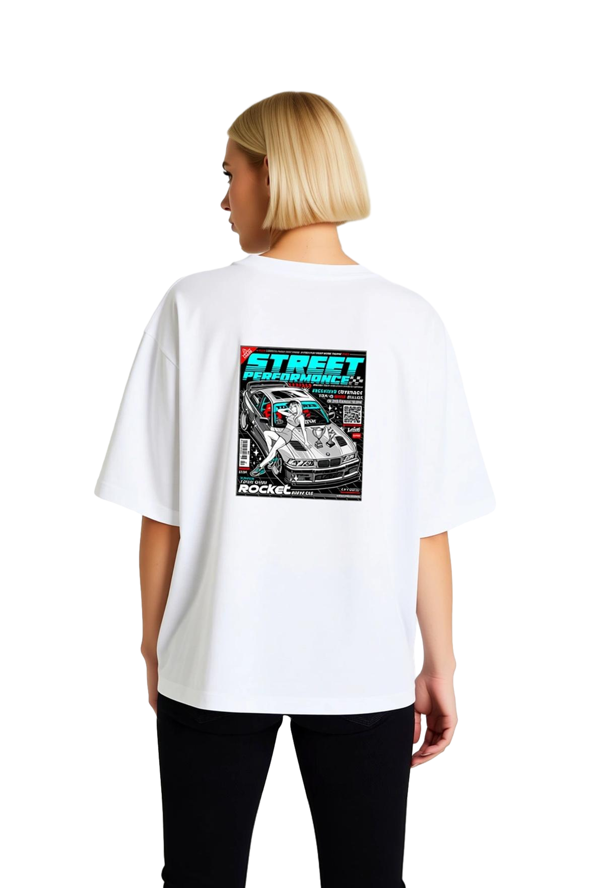 Kadın Oversize Tişört Street Performance Otomotiv Baskılı Retro Dergisi Tarzı Yarış Tasarımı Günlük