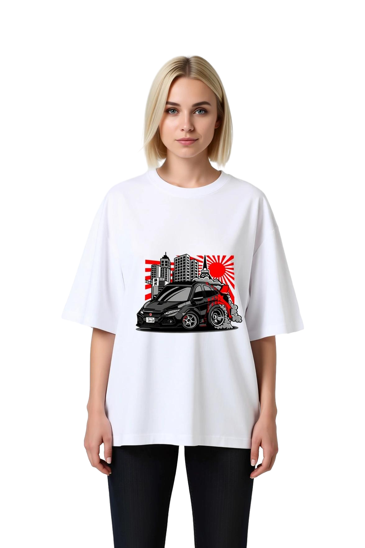 Kadın Oversize Tişört Japon Otomotiv Kültürü Şehir Manzarası Grafik Baskı Rahat Kesim Günlük Modern