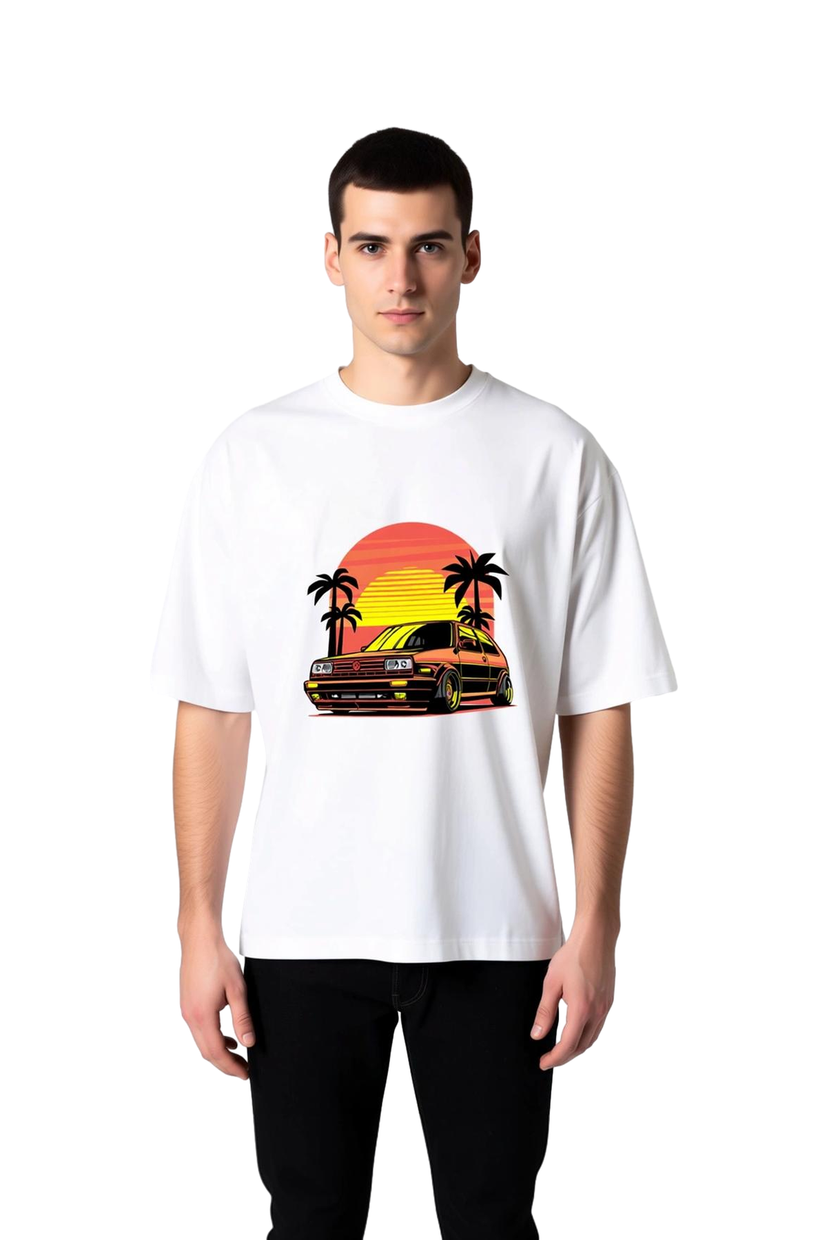 Retro Araba ve Palmiye Manzarası Baskılı Erkek Oversize Tişört