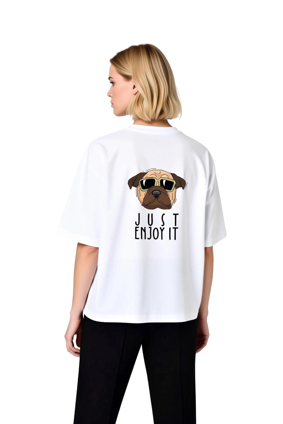 Kadın Oversize Tişört Güneş Gözlüklü Köpek Baskısı Just Enjoy It Yazılı Rahat Kesim Günlük Modern