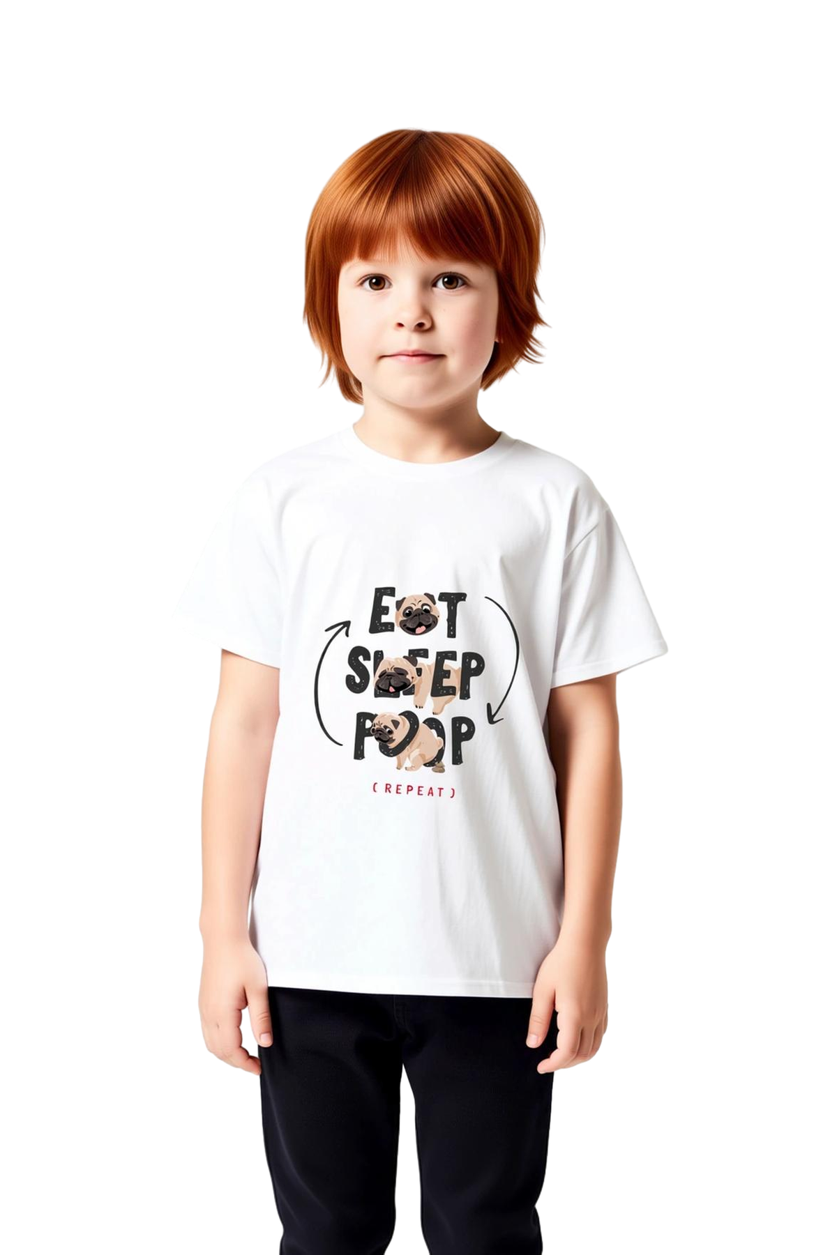 Çocuk Komik Pug Baskılı Kısa Kollu Tişört Eat Sleep Poop Repeat Grafik Desenli Rahat Kesim Günlük