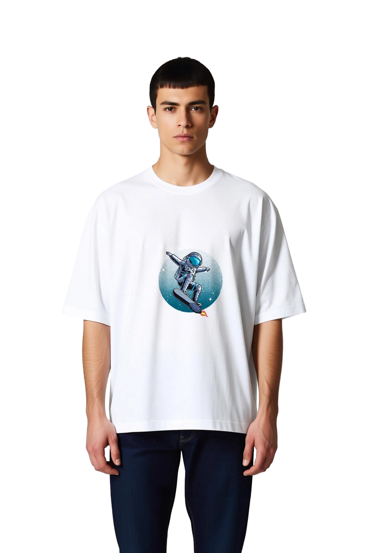 Erkek Oversize Tişört Astronot Roket Surfing Baskı Pop Art Uzay Temalı Rahat Kesim Günlük Modern