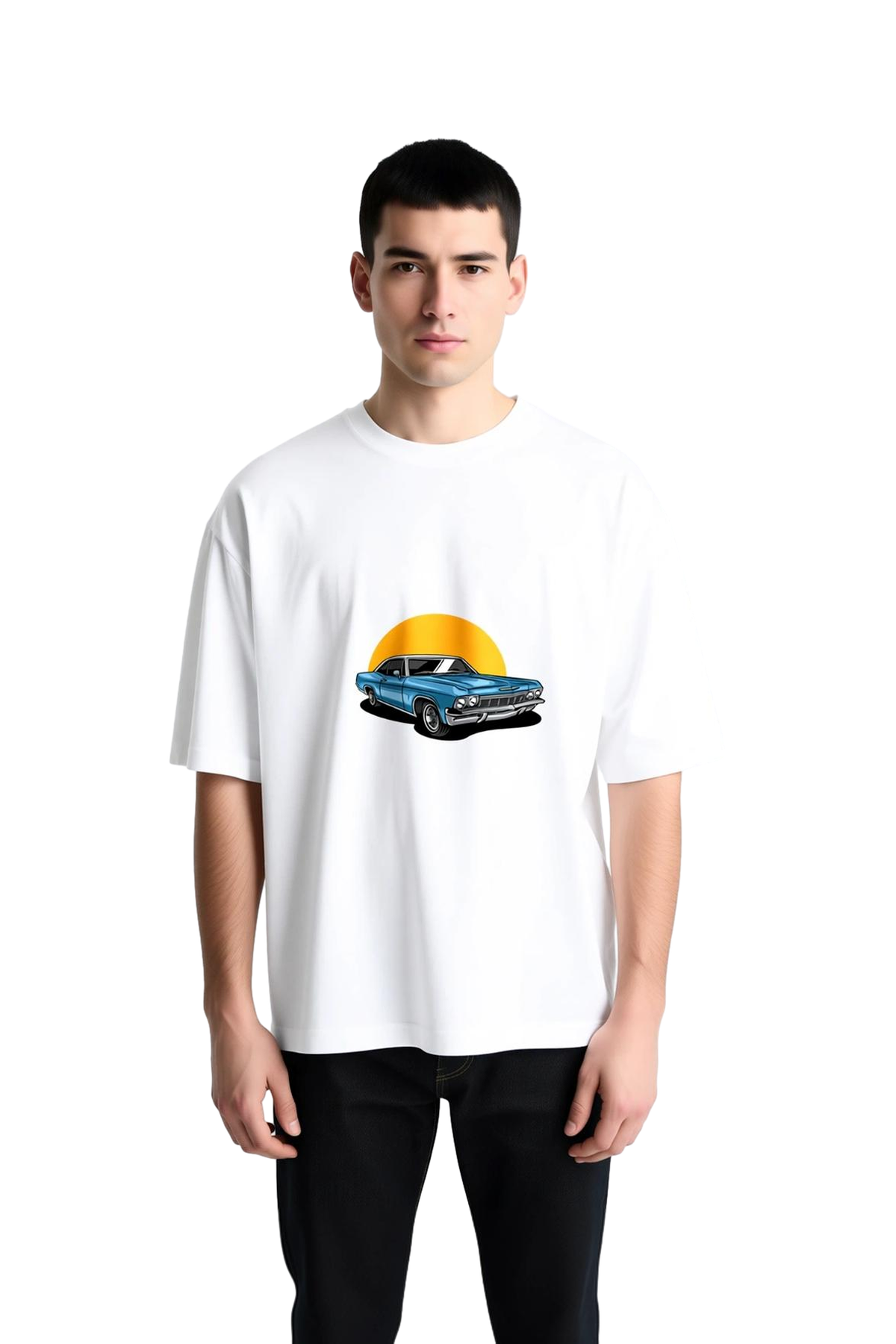 Erkek Oversize Grafik Baskılı Tişört Klasik Otomobil Vintage Güneş Motifi Retro Stil Günlük Rahat