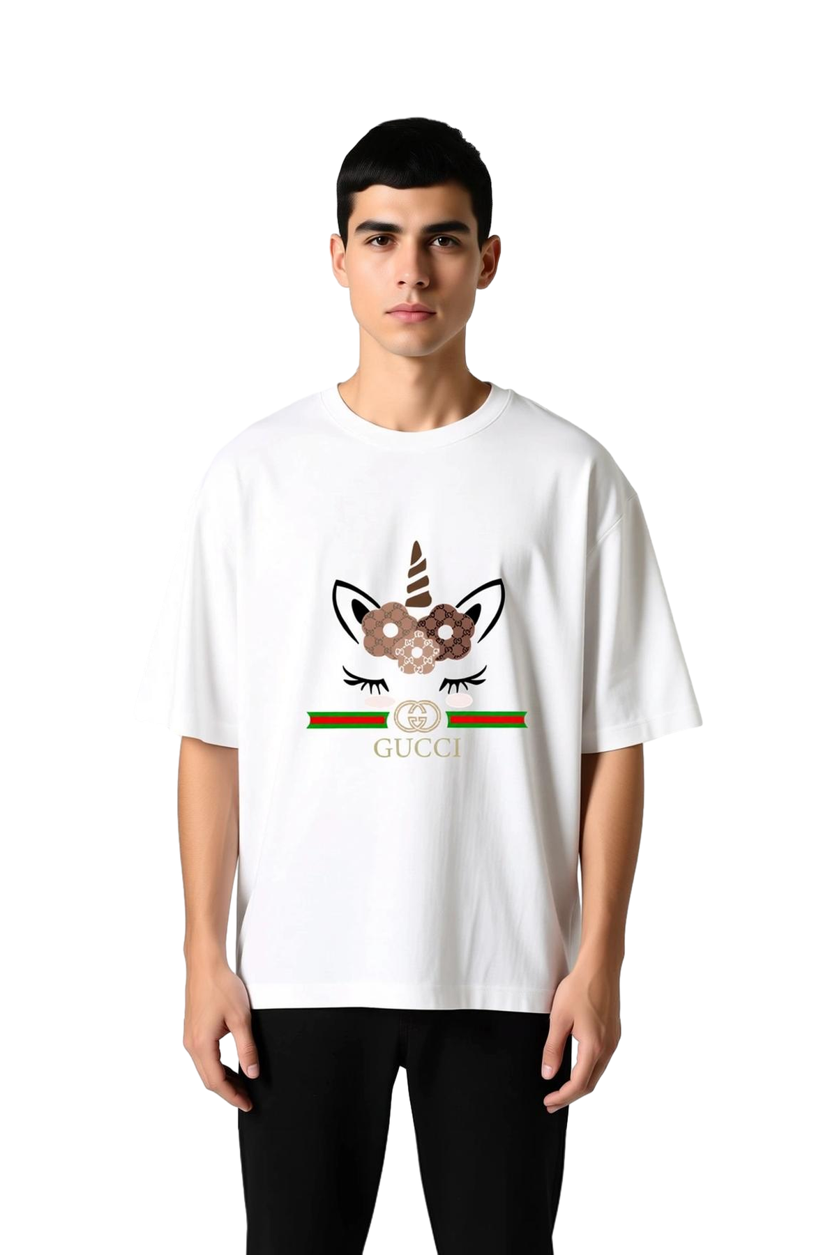 Unicorn Çiçekli Gökkuşağı Fantezi Baskılı Erkek Oversize Tişört