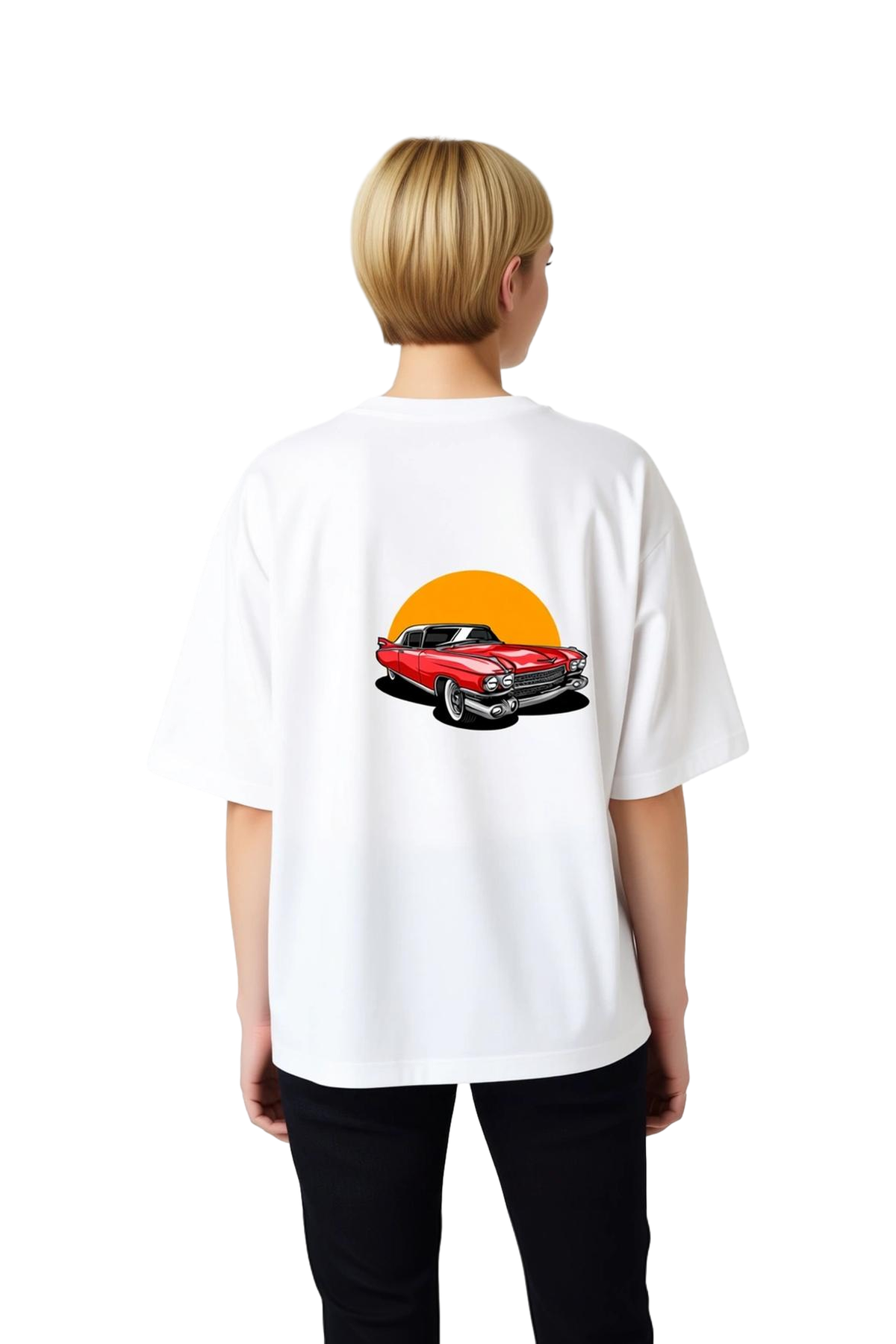 Kadın Oversize Tişört %100 Pamuk Vintage Otomobil Baskılı Retro Stil Krom Detay Rahat Kesim Günlük