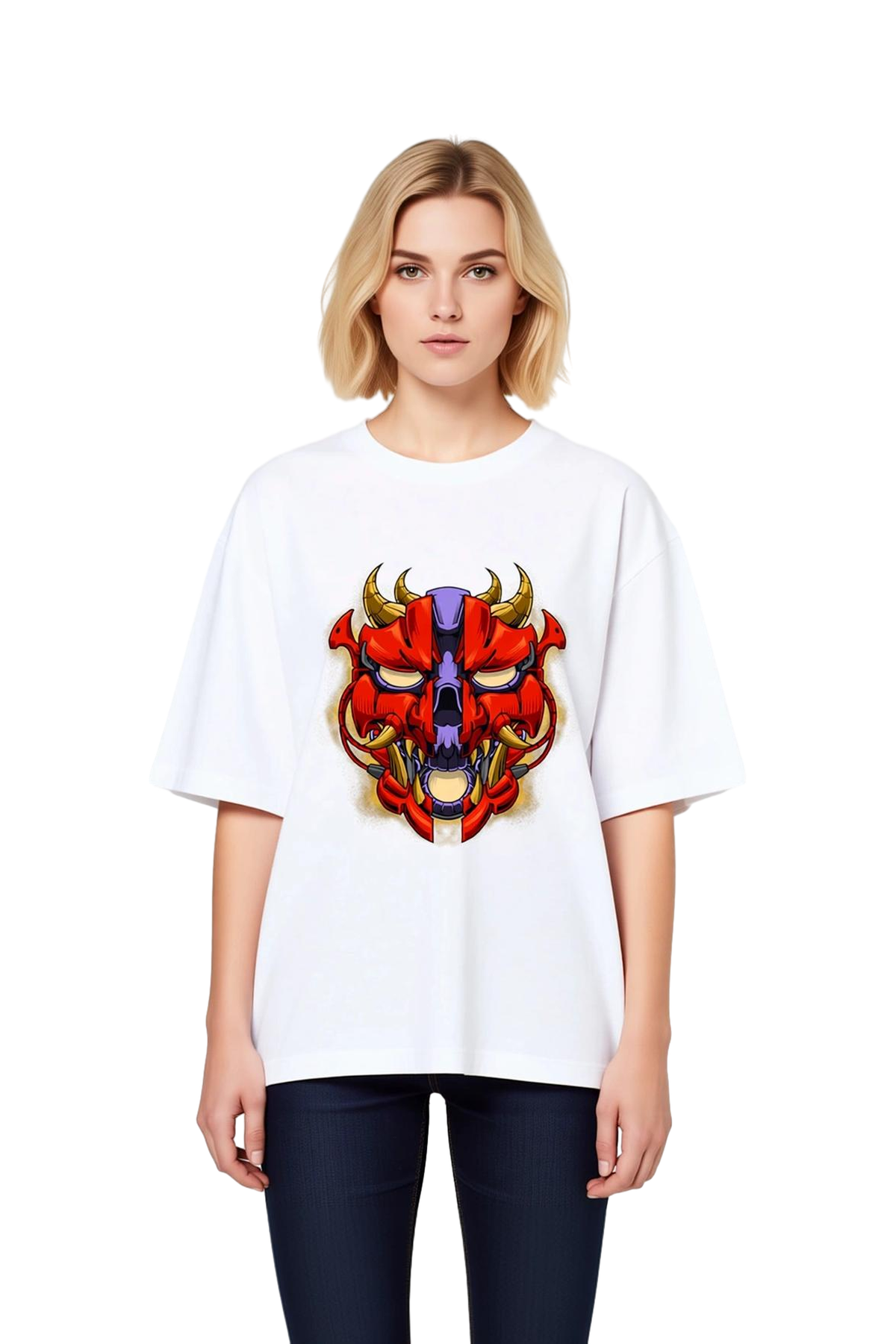 Kadın Oversize Tişört Demon Samuray Maskesi Boynuzlu Grafik Baskı Rahat Kesim Günlük Modern Şık
