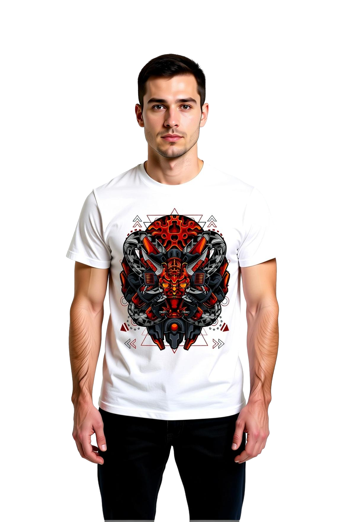 Erkek Tişört %100 Pamuk Crew Neck Kısa Kol Futuristik Robot Samuray Grafik Baskı Geometrik Desen