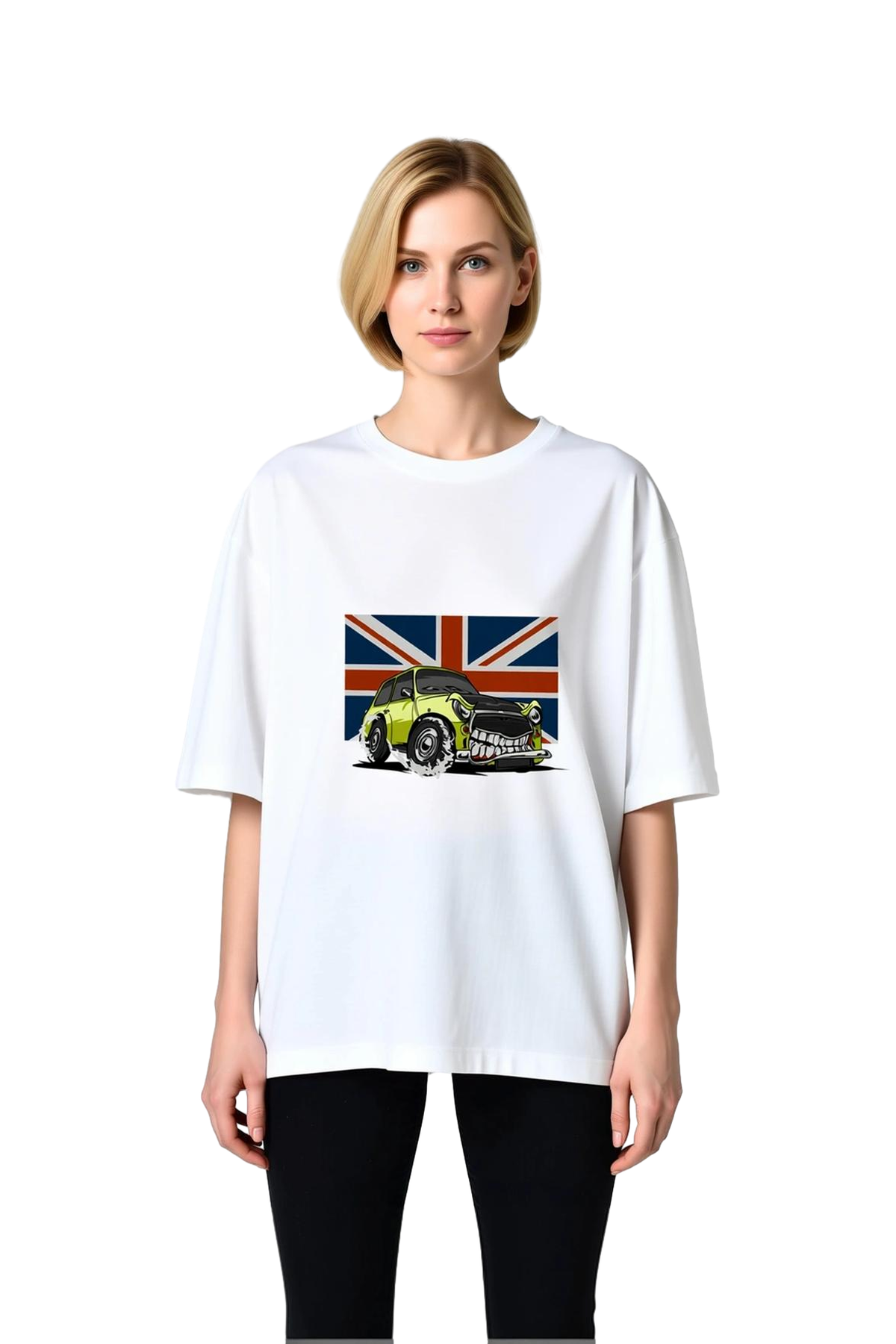 Kadın Oversize Tişört %100 Pamuk Vintage Araba İngiliz Bayrağı Baskılı Rahat Kesim Günlük Modern