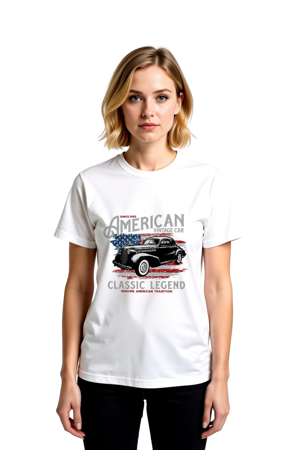 Kadın Vintage Amerikan Otomobili Klasik Efsane Baskılı Pamuk Tişört Rahat Kesim Günlük Modern Şık