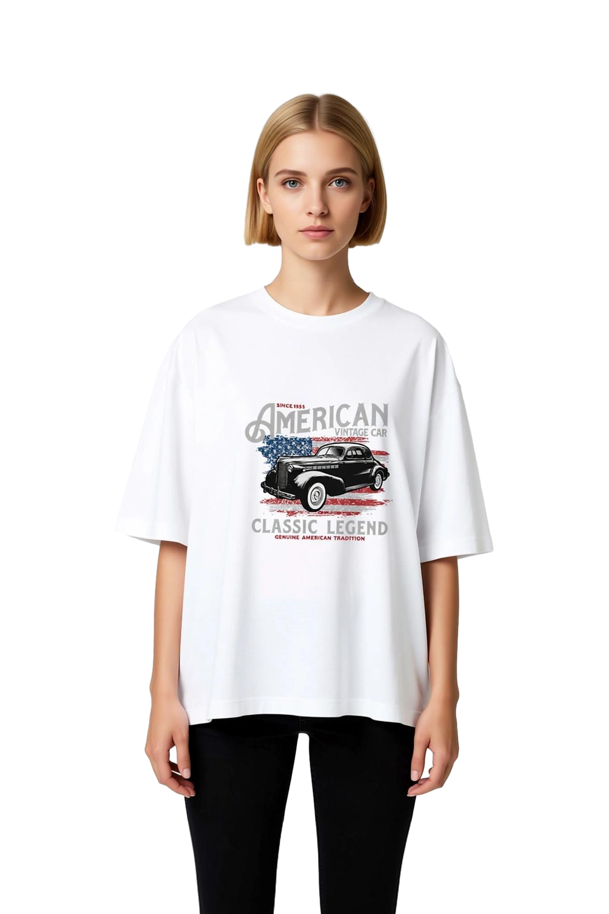 Kadın Oversize Vintage Amerikan Otomobili Klasik Efsane Baskılı Kısa Kollu Rahat Tişört Günlük Şık