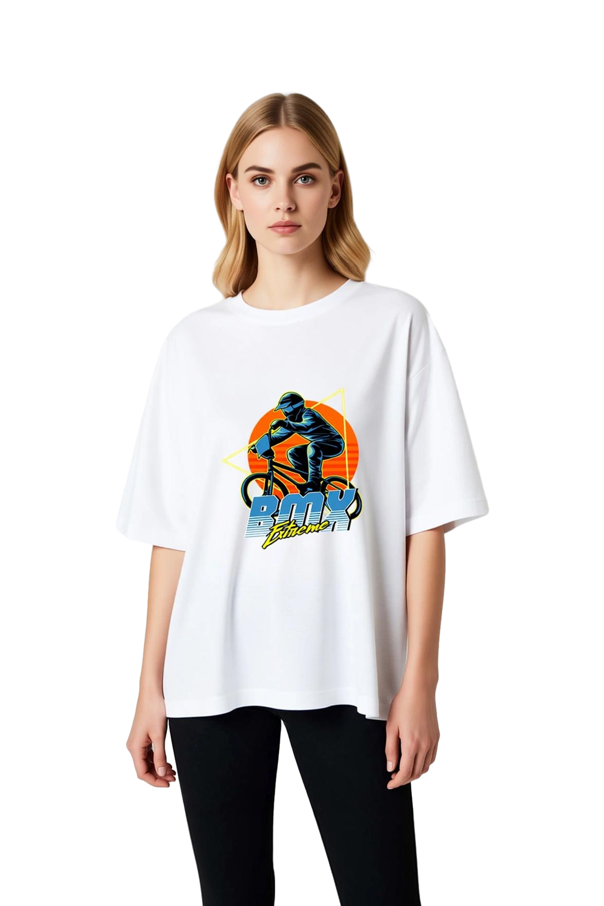 Kadın Oversize Bisiklet Baskılı Kısa Kollu Tişört BMX Ekstrem Spor Tasarımı Rahat Kesim Günlük Şık
