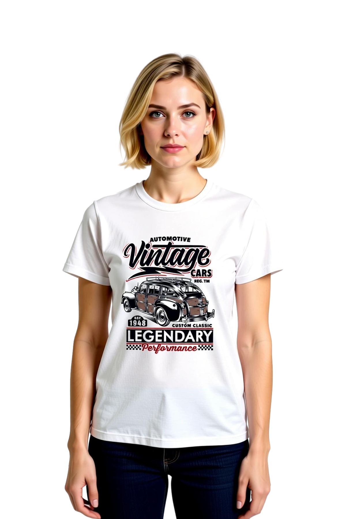 Kadın Vintage Otomotif Araçları Efsanesi Baskılı Kısa Kollu Rahat Tişört Günlük Modern Şık Konforlu