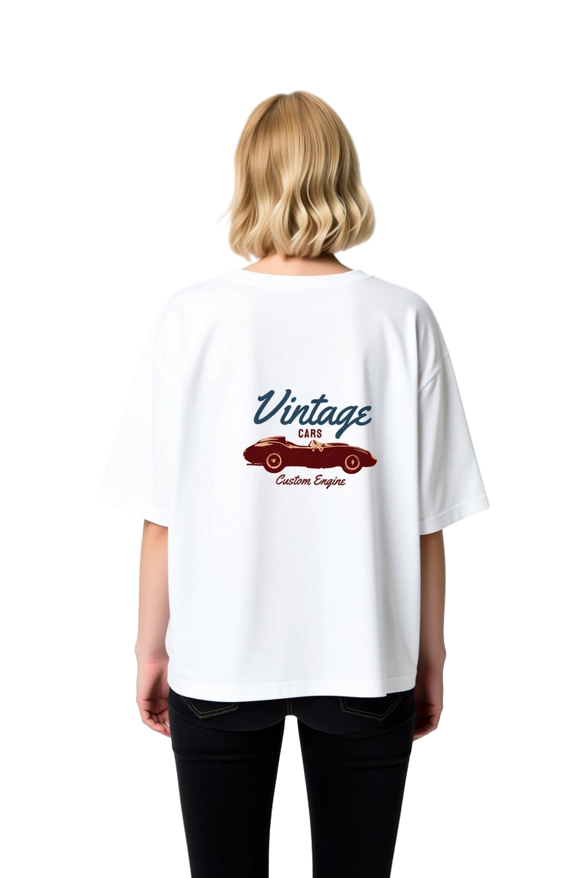 Vintage Arabalar Özel Motor Baskılı Kadın Oversize Tişört