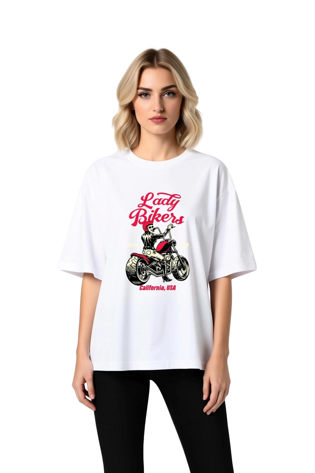 Kadın Oversize Motosiklet Baskılı Tişört Rahat Kesim Kısa Kollu Grafik Desen Günlük Giyim Modern