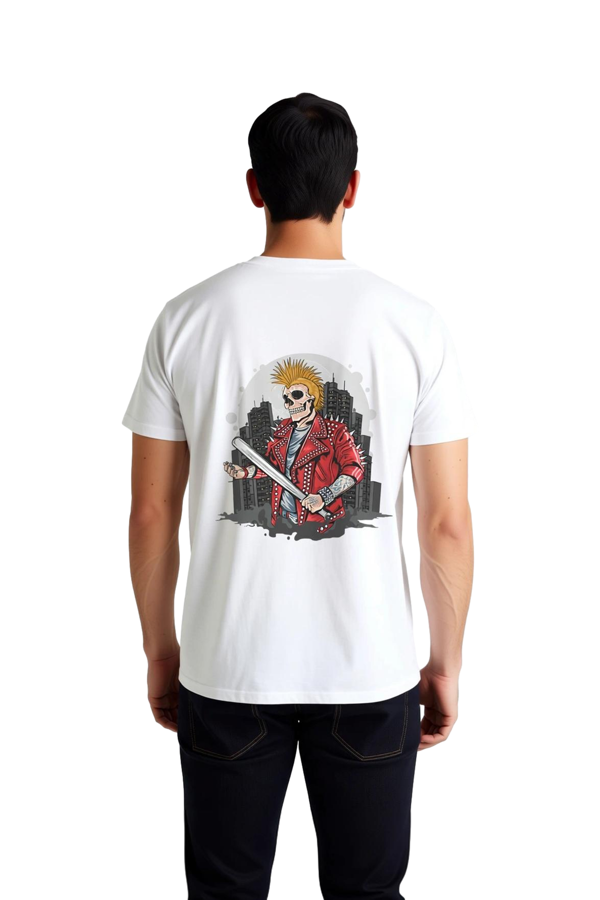 Erkek Punk Rock İskelet Spike Saç Baskılı Tişört Beysbol Sopası Çivileli Ceket Motifi Günlük Rahat