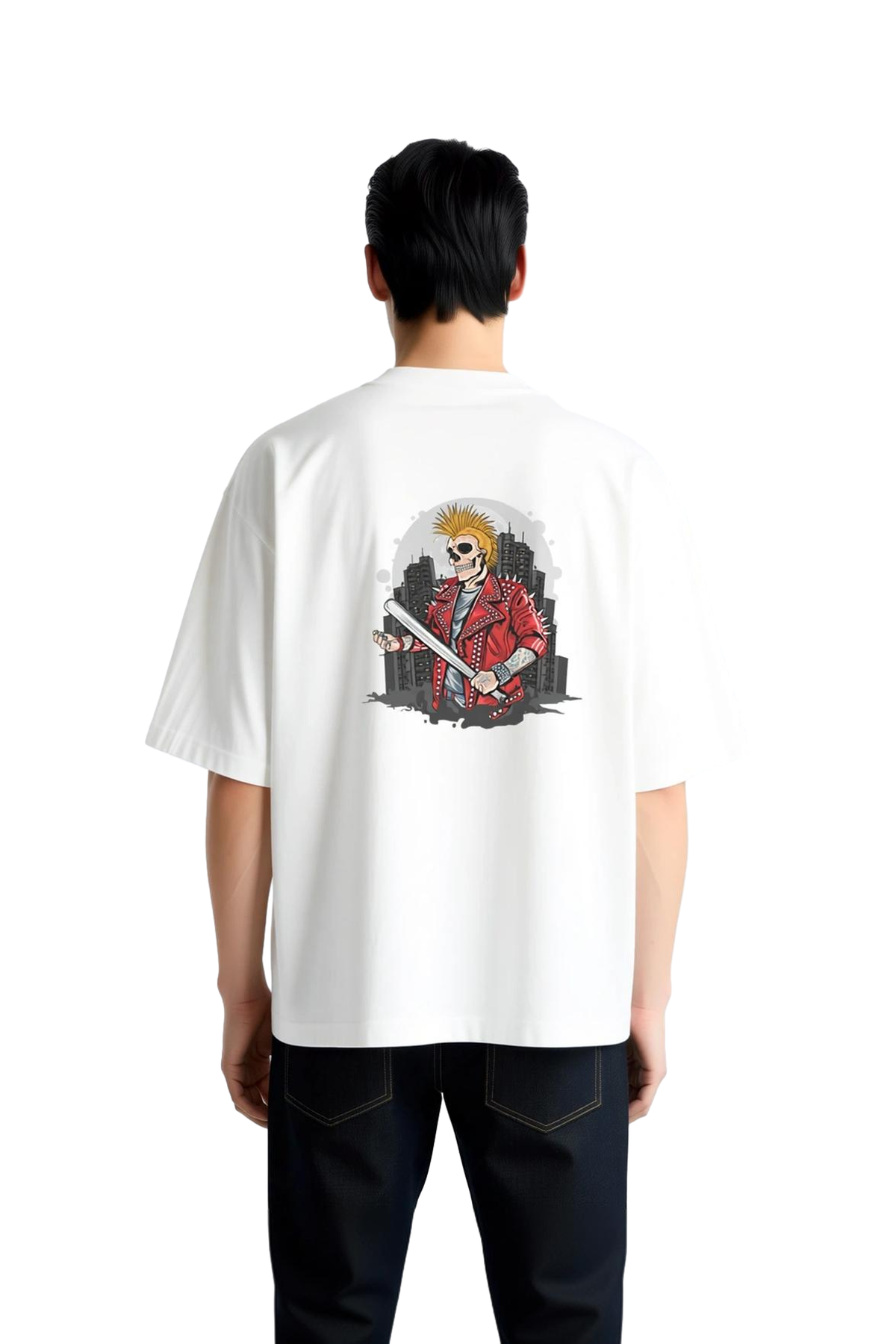 Erkek Oversize Punk Rock İskelet Grafik Baskılı Kısa Kollu Tişört Spike Saç Beysbol Sopası Günlük
